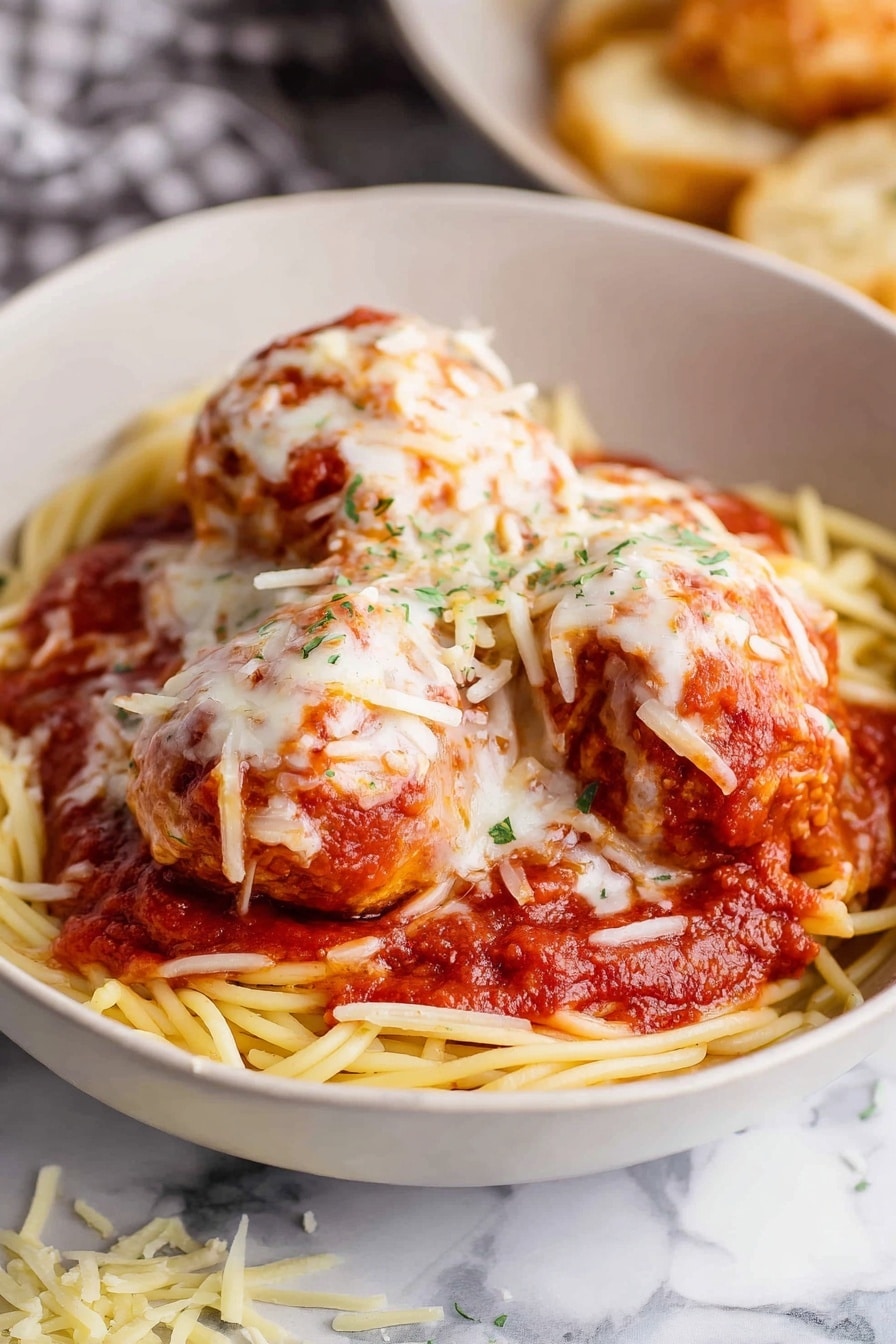 A white bowl holds a serving of spaghetti with three large meatballs on top. The bottom layer is a nest of light yellow spaghetti noodles. Above that is a thick layer of chunky red tomato sauce draped over the noodles. On top sit three round meatballs covered in melted, slightly browned white cheese. Thin strands of shredded cheese are sprinkled over the meatballs and sauce. The bowl is placed on a white marbled surface with some loose strands of cheese nearby. Photo taken with an iphone --ar 2:3 --v 7 - Baked Chicken Parmesan Meatballs, easy chicken parmesan meatballs, cheesy baked meatballs, healthy chicken parmesan, flavorful meatball recipes