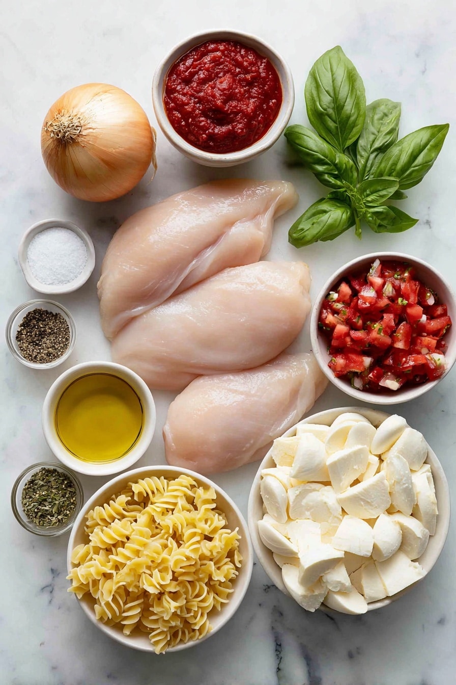 Flat lay of boneless skinless chicken breasts with natural texture and pale pink color, a sweet whole onion with unpeeled papery skin, three whole garlic cloves with white cloves and papery husks, a small white ceramic bowl filled with bright red tomato paste, a small white ceramic bowl of golden olive oil, a small white ceramic bowl of coarse salt crystals, a small white ceramic bowl of ground black pepper, a small white ceramic bowl of dried basil leaves, a small white ceramic bowl of fire roasted diced tomatoes showing tomato chunks with charred bits, uncooked farfalle pasta with characteristic bowtie shapes and smooth pale yellow surface, fresh whole basil leaves with vibrant green color, finely grated pale yellow parmesan cheese in a small white ceramic bowl, several evenly cut bread cubes with natural crust and soft crumb in a simple white ceramic bowl, several thin slices of fresh white mozzarella cheese stacked neatly, placed on a clean white marble surface, soft natural light, photo taken with an iPhone, professional food photography style, fresh ingredients, white ceramic bowls, no bottles, no duplicates, no utensils, no packaging --ar 2:3 --v 7 --p m7354615311229779997 - Chicken Parmesan Soup with Mozzarella Croutons, Italian chicken soup, cheesy soup recipes, comforting chicken soup, mozzarella croutons recipe