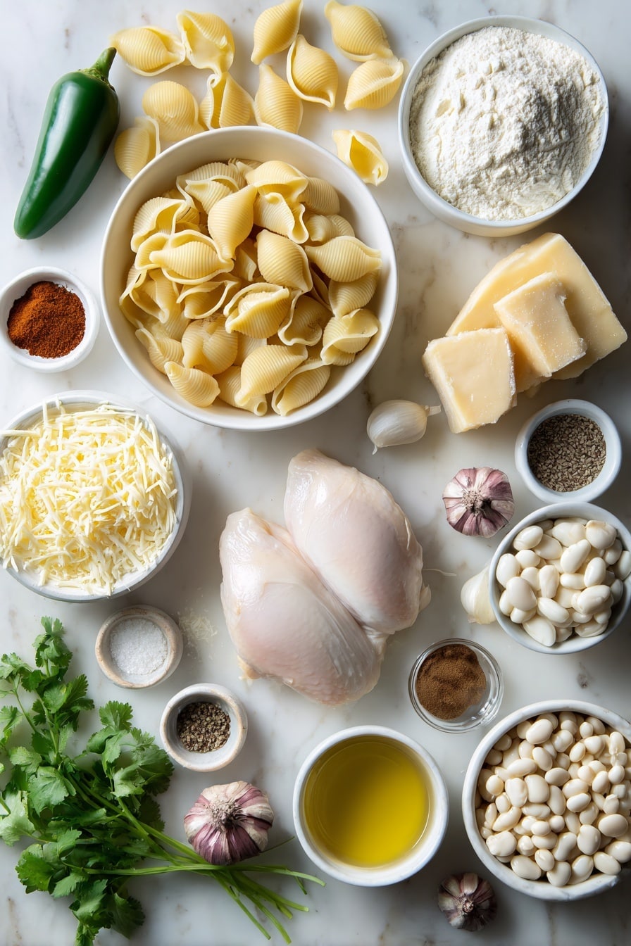Flat lay of medium pasta shells, a small yellow onion whole, one green jalapeño pepper, four whole brown garlic cloves, a small pile of smoked paprika powder, a small heap of ground cumin powder, unsalted butter sticks, a small white bowl of all-purpose flour, a small white bowl of low-sodium chicken broth, a small white bowl of heavy cream, shredded Gouda cheese, shredded white cheddar cheese, two whole rotisserie chicken breasts, a small white bowl of great Northern beans, a small white bowl of frozen white corn, a small white bowl of kosher salt, a small heap of freshly ground black pepper, a few sprigs of fresh cilantro, a small white bowl of extra-virgin olive oil placed on a clean white marble surface, soft natural light, photo taken with an iPhone, professional food photography style, fresh ingredients, white ceramic bowls, no bottles, no duplicates, no utensils, no packaging --ar 2:3 --v 7 --p m7354615311229779997 - White Chicken Chili Mac Skillet, White Chicken Chili Mac, cheesy chicken skillet recipe, creamy chicken skillet, hearty one-pan dinner