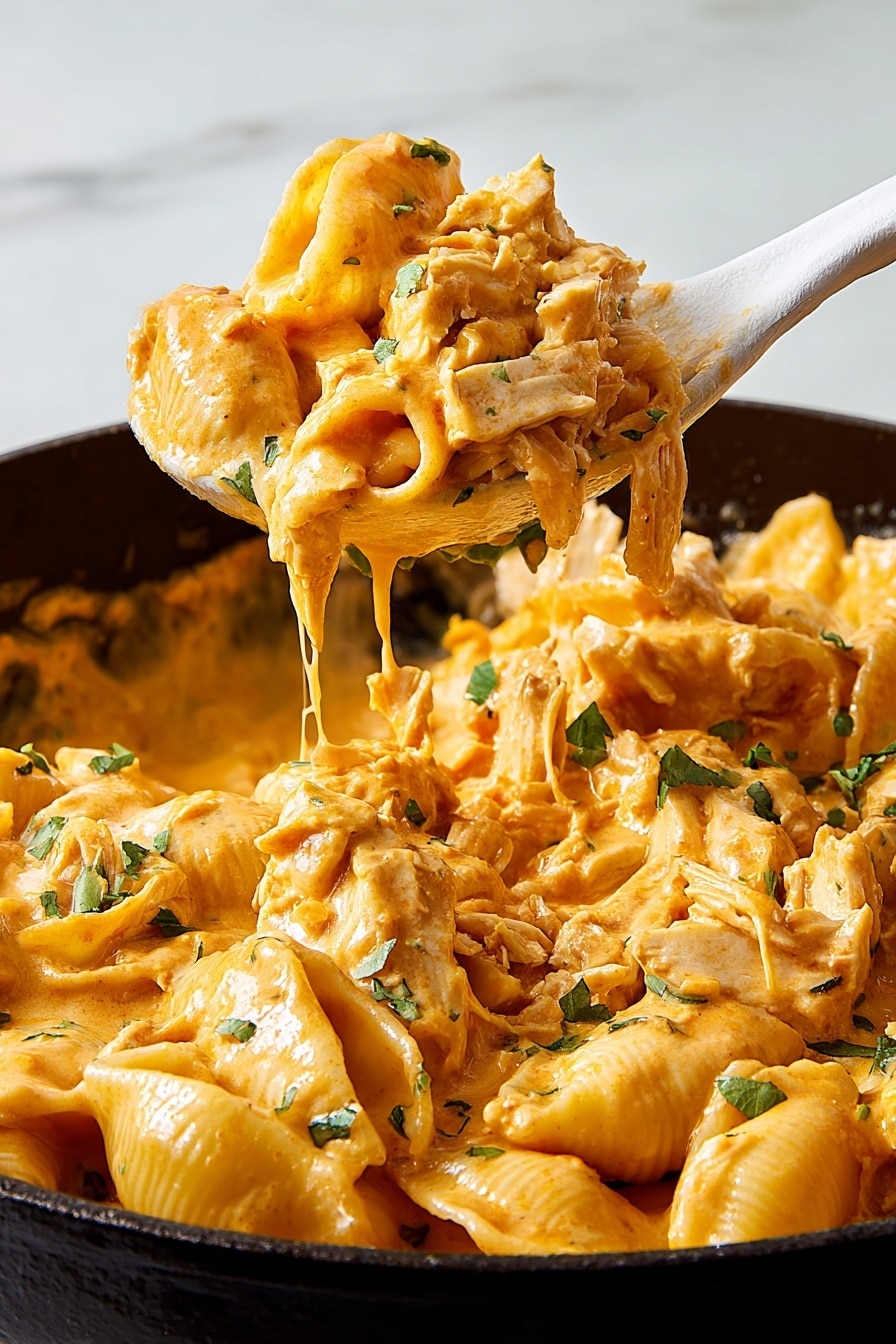 A close-up view of a black pan filled with creamy pasta shells covered in an orange cheese sauce. The dish shows layers of tender pasta shells mixed with shredded chicken, all coated thickly by the rich sauce. Small green herbs are scattered on top, adding spots of color. A white spoon lifts a portion of the creamy pasta and chicken from the pan, with the sauce dripping off the edge. The background is a white marbled texture. photo taken with an iphone --ar 2:3 --v 7 - White Chicken Chili Mac Skillet, White Chicken Chili Mac, cheesy chicken skillet recipe, creamy chicken skillet, hearty one-pan dinner