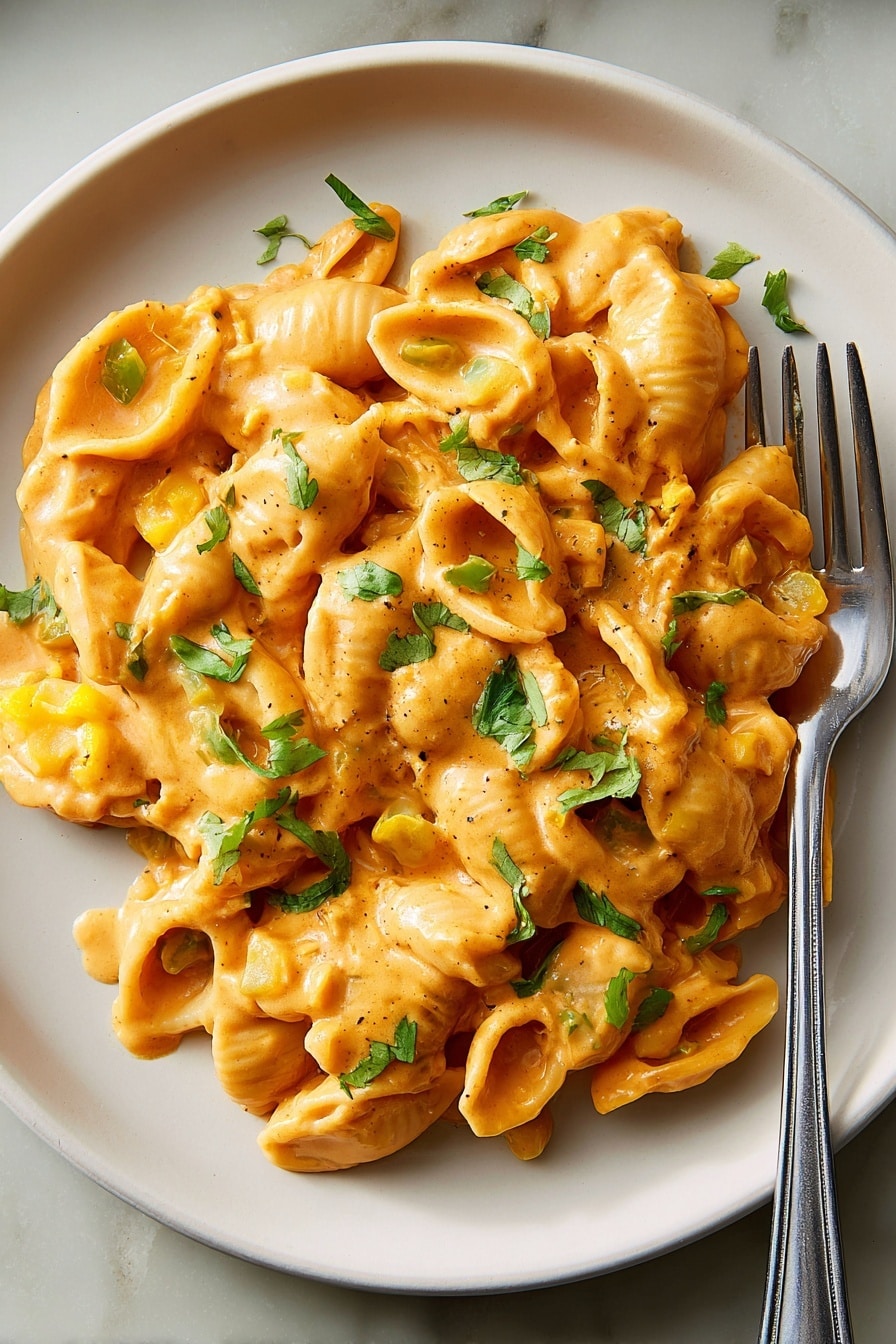 A white plate holds a creamy pasta dish with shell-shaped pasta coated in a rich, orange sauce. The sauce has a smooth texture with some small yellow chunks mixed in, likely vegetables. Fresh green herb pieces are sprinkled on top, adding contrast. A silver fork rests on the right side of the plate. The background is a white marbled surface. Photo taken with an iphone --ar 2:3 --v 7 - White Chicken Chili Mac Skillet, White Chicken Chili Mac, cheesy chicken skillet recipe, creamy chicken skillet, hearty one-pan dinner