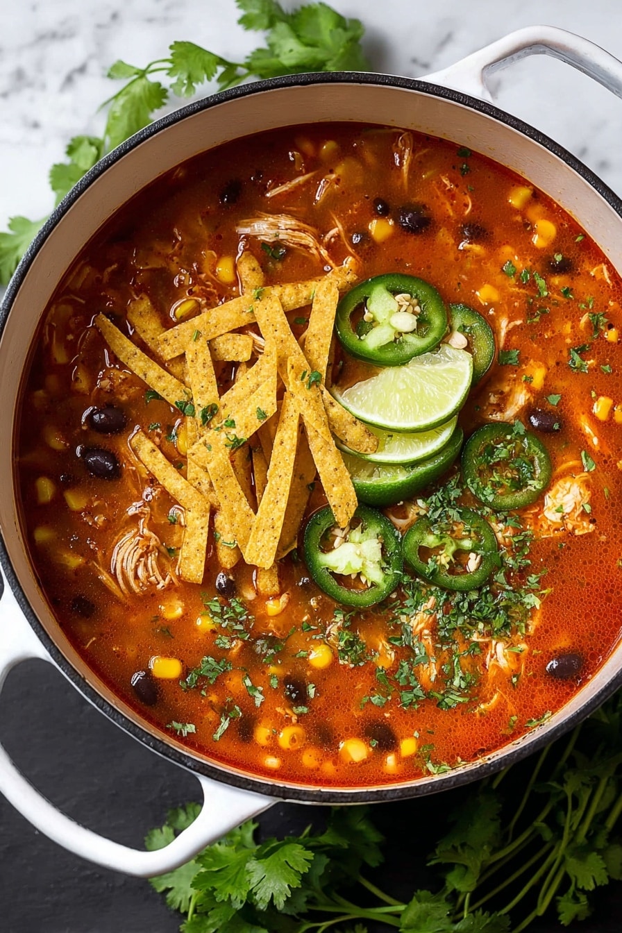 A white pot filled with bright red soup as the base layer, containing small pieces of shredded chicken, black beans, and corn kernels mixed in. On top of the soup, there is a layer of golden yellow crispy tortilla strips arranged mostly in the center. Thin slices of green jalapeño peppers with visible seeds float on one side among the tortilla strips. Two wedge slices of pale green lime sit on the surface near the tortilla strips. Fresh green chopped cilantro is scattered over the soup and toppings, adding a textured color contrast. The pot is set on a white marbled surface with some fresh cilantro leaves beside it. Photo taken with an iphone --ar 2:3 --v 7 - Easy Chicken Tortilla Soup, chicken tortilla soup, hearty soup recipes, quick chicken soup, comforting dinner ideas