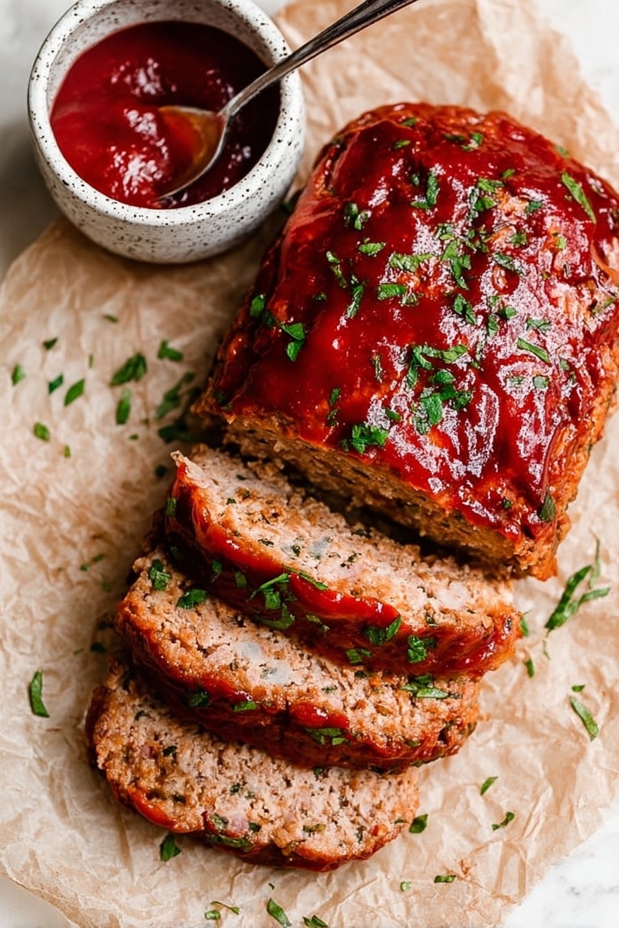 A sliced meatloaf rests on crumpled parchment paper over a white marbled surface. The top layer is thick and shiny with a rich red glaze, garnished with small green herb pieces scattered evenly. Inside, the meatloaf shows a light brown, slightly coarse texture with three visible layers from the slices. To the left, a wooden-handled knife lies partially on the parchment. In the background on the right, a white bowl with speckles holds bright red sauce with a spoon inside. Fresh green herb pieces are lightly scattered around the meatloaf and bowl, adding a fresh touch. Photo taken with an iphone --ar 2:3 --v 7 - Healthy Turkey Meatloaf, healthy turkey meatloaf recipe, nutritious turkey meatloaf, easy healthy meatloaf, low-fat turkey meatloaf