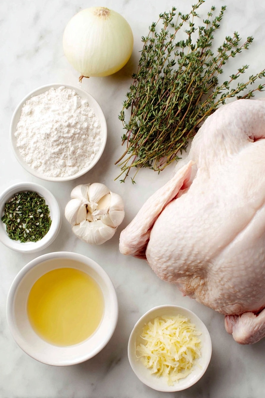 Flat lay of a whole fresh raw turkey with smooth pale skin, a medium lemon cut in half showing bright yellow juicy flesh, a medium onion quartered with crisp white layers, a cluster of peeled garlic cloves with a creamy white skin, several fresh green thyme sprigs vibrant and leafy, a small mound of all-purpose flour piled neatly on a simple white ceramic plate, a small white ceramic bowl filled with melted golden butter, another small white ceramic bowl holding fresh lemon juice pale yellow and translucent, a third small white ceramic bowl containing finely grated lemon zest bright and sunny yellow, a fourth small white ceramic bowl with minced fresh thyme leaves finely chopped, two teaspoons of coarse salt and two teaspoons of black peppercorns arranged side by side on the white ceramic surface, all ingredients arranged in perfect symmetry and realistic proportions, placed on a clean white marble surface, soft natural light, photo taken with an iPhone, professional food photography style, fresh ingredients, white ceramic bowls, no bottles, no duplicates, no utensils, no packaging --ar 2:3 --v 7 --p m7354615311229779997 - Lemon Herb Turkey Roast, Lemon Herb Turkey Roast recipe, How to make Lemon Herb Turkey Roast, Roast turkey with lemon and herbs, Juicy Lemon Herb Turkey