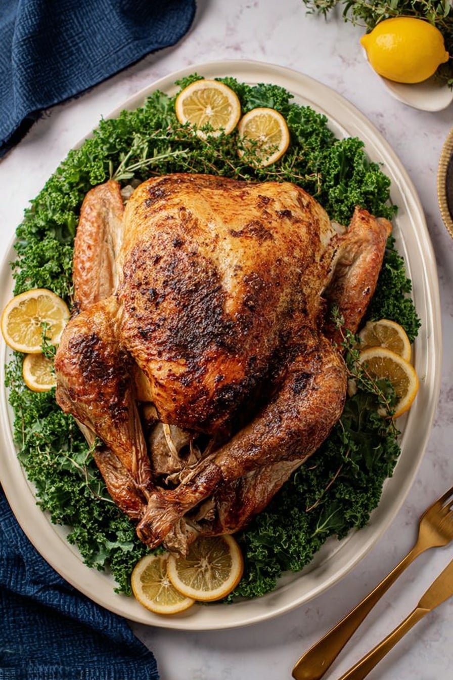 A white plate holds sliced cooked chicken with golden-brown skin arranged in two rows on a bed of frilly green lettuce leaves, with a whole cooked chicken leg placed in the foreground. Bright yellow lemon slices are placed between the chicken pieces, and sprigs of fresh green parsley are scattered on top and around the chicken. The background shows a white marbled surface with a dark blue cloth on the right side. Photo taken with an iphone --ar 2:3 --v 7 - Lemon Herb Turkey Roast, Lemon Herb Turkey Roast recipe, How to make Lemon Herb Turkey Roast, Roast turkey with lemon and herbs, Juicy Lemon Herb Turkey