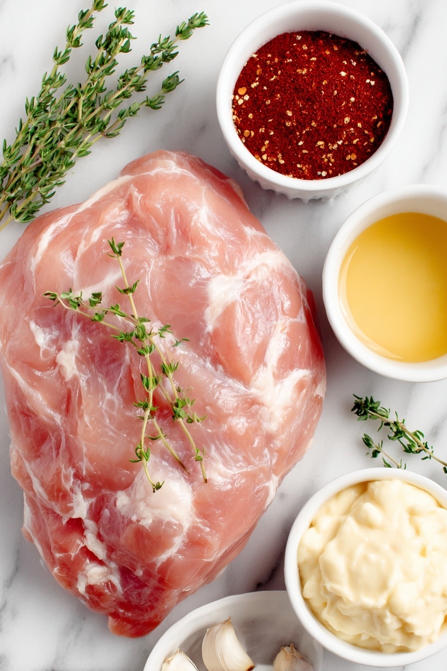 Flat lay of a large raw boneless turkey breast with smooth pale pink skin, a small white ceramic bowl of coarse black pepper, a small white ceramic bowl of bright red paprika powder, a small white ceramic bowl filled with creamy chicken soup base, a small white ceramic bowl holding golden chicken broth, and three fresh green thyme sprigs neatly arranged, all placed on a clean white marble surface, soft natural light, photo taken with an iPhone, professional food photography style, fresh ingredients, white ceramic bowls, no bottles, no duplicates, no utensils, no packaging --ar 2:3 --v 7 --p m7354615311229779997 - easy slow cooker turkey and gravy, slow cooker turkey dinner, turkey with homemade gravy, effortless turkey recipe, tender turkey in slow cooker