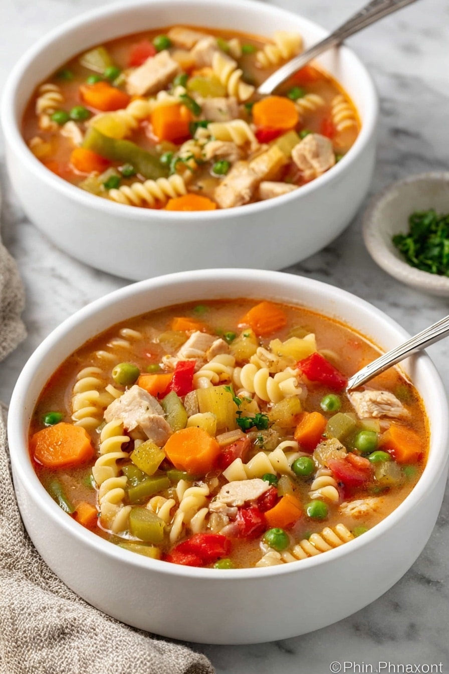 Two white ceramic cups filled with vegetable and pasta soup sit on a white marbled surface. Each cup contains a mix of small spiral pasta, diced light beige meat, green beans, bright orange carrot cubes, green peas, celery pieces, and small red pepper bits, all in a light brown broth speckled with herbs. The soup layers show the textured pasta and vegetables floating near the top, with broth filling the rest of the cups. One cup is closer to the camera, showing clear detail of the ingredients, while the other cup is slightly blurred in the background. A white and black kitchen towel lies to the right side. Photo taken with an iphone --ar 2:3 --v 7 - Turkey Vegetable Soup with Pasta, healthy turkey vegetable soup, hearty vegetable and turkey soup, easy turkey soup recipe, comforting pasta soup