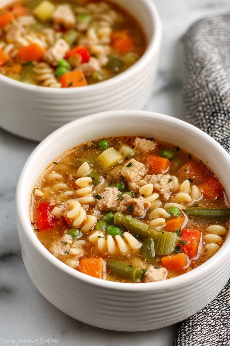 Two white bowls filled with vegetable soup sit on a white marbled surface. The soup has a thick broth with small spiral pasta, bright orange carrot chunks, green peas, small green bean pieces, diced celery, and red bell pepper pieces all mixed together. There are also light pieces of cooked chicken scattered on top. Each bowl has a silver spoon resting inside, and a textured cloth napkin is visible near one bowl. The overall look is colorful with a warm, fresh feeling. Photo taken with an iphone --ar 2:3 --v 7 - Turkey Vegetable Soup with Pasta, healthy turkey vegetable soup, hearty vegetable and turkey soup, easy turkey soup recipe, comforting pasta soup