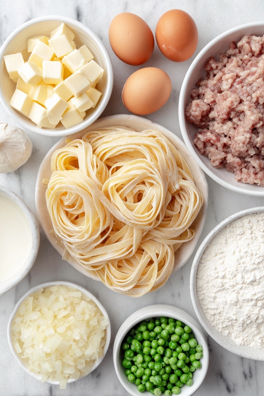 Flat lay of fresh uncooked fettuccine pasta neatly coiled, a small white ceramic bowl of unsalted butter cubes, a quarter of a yellow onion diced into small pieces on a simple white plate, several whole garlic cloves unpeeled, a small white bowl filled with all-purpose flour, a tiny pinch of whole nutmeg seeds next to a white bowl of warm whole milk, another small white bowl containing warm low sodium turkey broth, a small white bowl heaped with grated Parmesan cheese, a mound of cooked turkey meat chunks fresh and moist, a small white bowl filled with bright green frozen peas, two whole uncracked brown eggs placed symmetrically, all ingredients arranged with balanced spacing and perfect symmetry placed on a clean white marble surface, soft natural light, photo taken with an iPhone, professional food photography style, fresh ingredients, white ceramic bowls, no bottles, no duplicates, no utensils, no packaging --ar 2:3 --v 7 --p m7354615311229779997 - Turkey Alfredo Pasta, creamy turkey pasta, easy turkey pasta recipe, fall comfort food, leftover turkey pasta