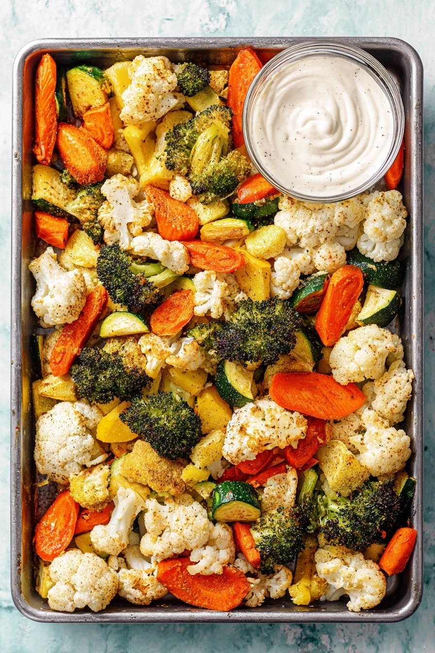 The image shows one layer of roasted vegetables spread in a large rectangular metal tray on a white marbled surface. The vegetables include orange carrot slices, green broccoli florets, white cauliflower florets, and yellow and green zucchini pieces. They are light brown in spots from roasting, with a slightly crispy texture. In the top right corner of the tray, there is a small white bowl filled with a thick, creamy white sauce with soft swirls on the surface. The colors of the vegetables are bright and fresh, and the tray is filled evenly with no empty spaces. Photo taken with an iphone --ar 2:3 --v 7 - Roasted Vegetable Medley, roasted vegetable side dish, easy vegetable roasting, healthy roasted vegetables, vegetable medley recipe