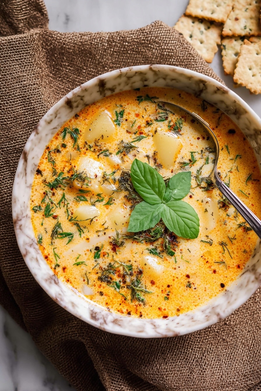 A marbled white bowl filled with a creamy orange soup that has small chunks of potatoes and vegetables visible in the mixture. The soup surface is sprinkled with finely chopped green herbs and topped with a single fresh green herb leaf in the center. Melted cheese pieces spread across the soup add a slightly melted texture with some browned spots. A silver spoon rests inside the bowl, and the bowl is placed on a textured brown cloth with crisp crackers nearby, all set against a white marbled surface. Photo taken with an iphone --ar 2:3 --v 7 - Creamy Gnocchi Chicken Soup, creamy chicken soup with gnocchi, easy gnocchi chicken soup, comforting chicken and gnocchi recipe, hearty creamy soup recipe