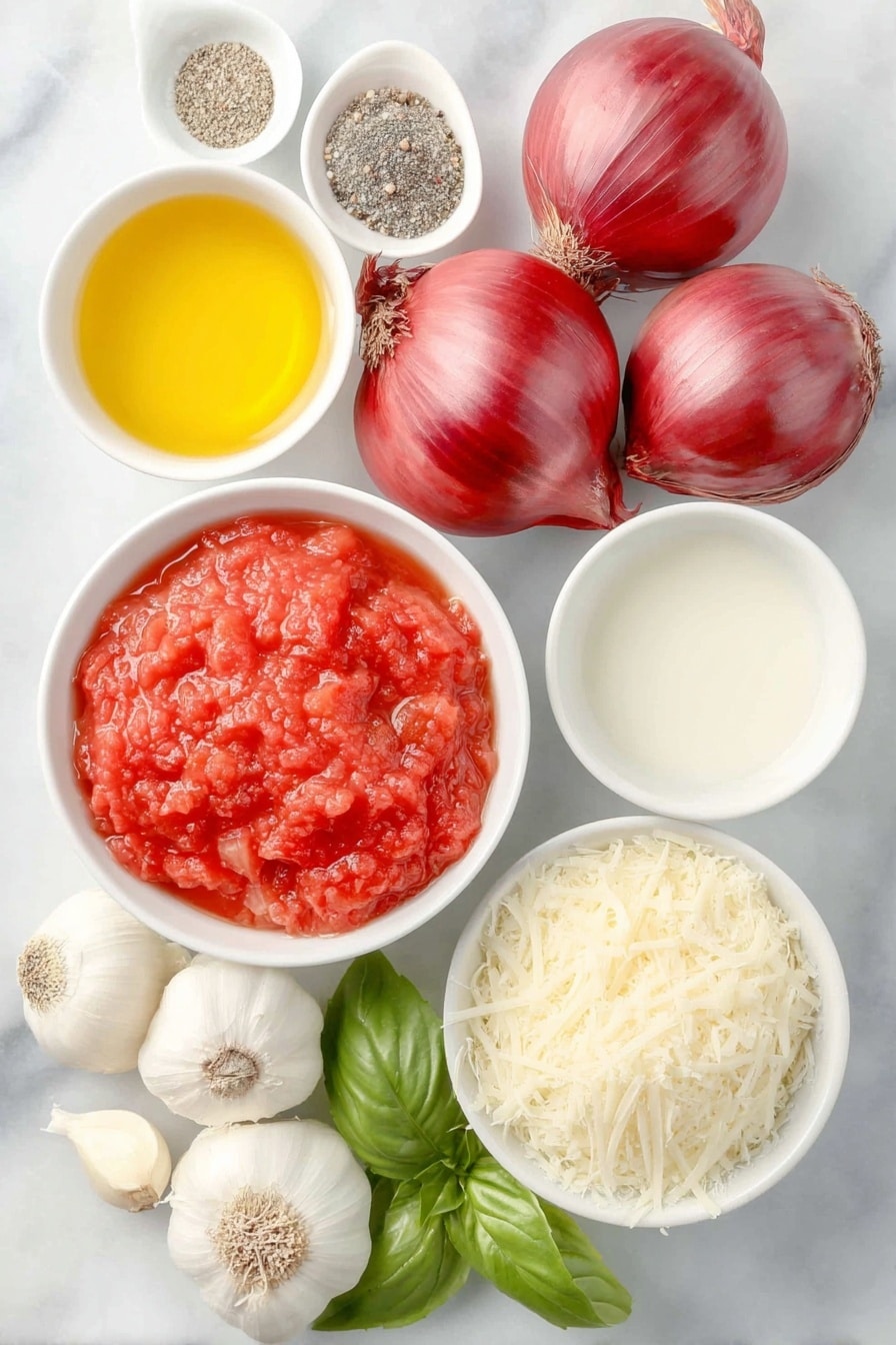 Flat lay of a small white bowl of golden olive oil, two whole red onions with deep purple-red skin, three uncracked garlic cloves with papery white skins, a simple white ceramic bowl filled with crushed ripe red tomatoes, a white bowl containing clear golden chicken stock, a small white bowl of coarse kosher salt, a small white bowl of freshly ground black pepper, a small white bowl of smooth heavy cream, a bunch of bright green fresh basil leaves torn into bite-sized pieces, and a small pile of finely grated pale yellow parmesan cheese, all arranged with perfect symmetry on a clean white marble surface, soft natural light, photo taken with an iPhone, professional food photography style, fresh ingredients, white ceramic bowls, no bottles, no duplicates, no utensils, no packaging --ar 2:3 --v 7 --p m7354615311229779997 - Creamy Tomato Basil Soup, tomato basil soup easy, homemade tomato basil soup, comforting tomato soup, quick tomato basil soup