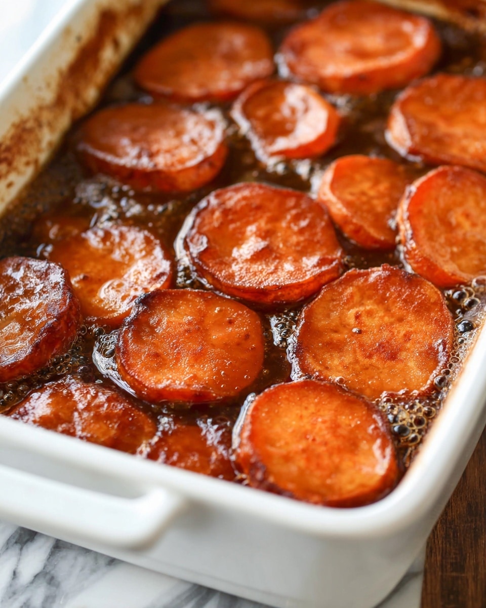A close-up of a white rectangular dish filled with a layered baked dish of sliced sweet potatoes. The slices are thick and round, showing a burnt orange color with a glossy, syrupy brown sauce covering them. The edges of the dish show some caramelized sauce residue. The sweet potato slices overlap slightly, and the sauce bubbles gently around them. The dish sits on a white marbled surface. photo taken with an iphone --ar 4:5 --v 7