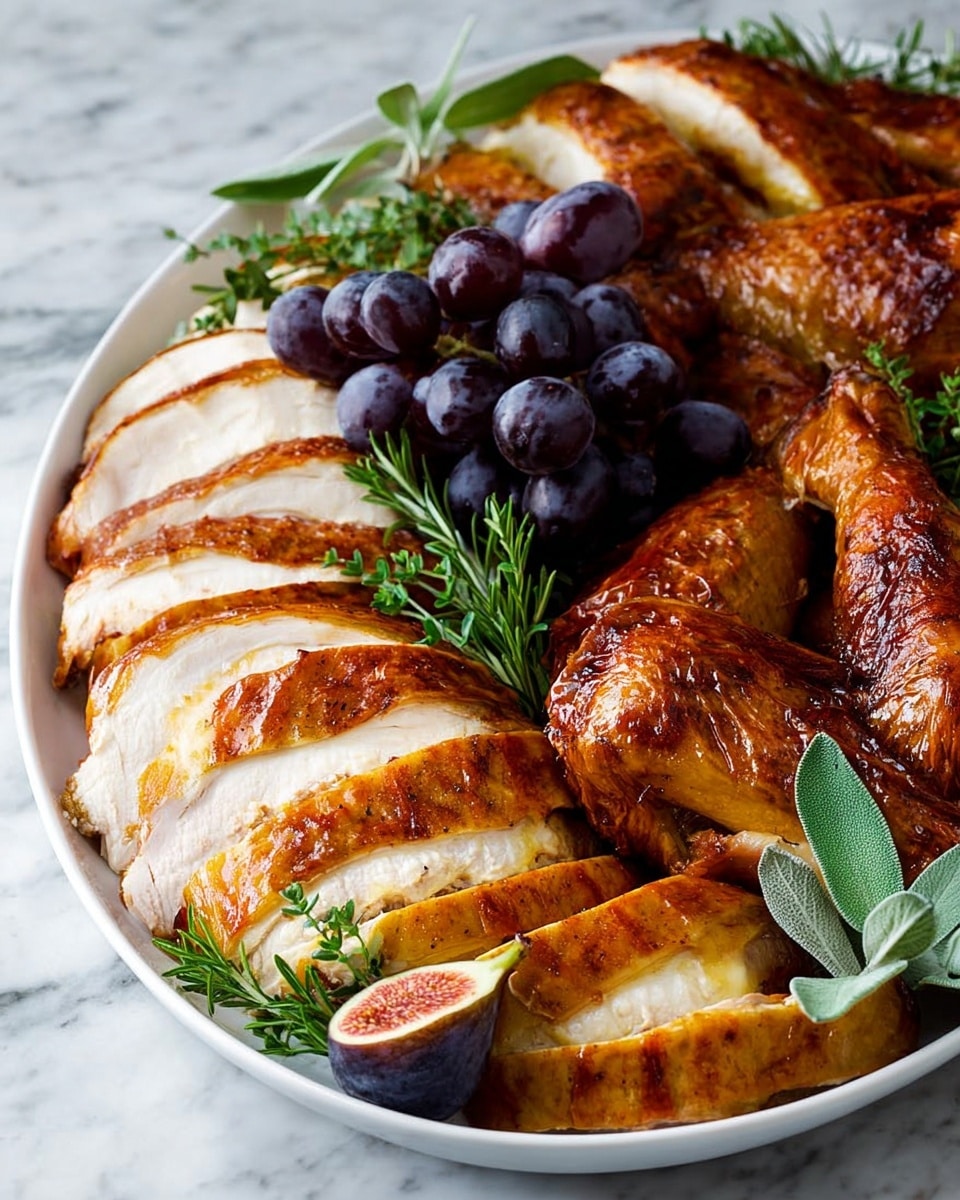 A white oval plate holds a layered display of roasted turkey pieces. On the left side, smooth pale slices of turkey breast with a light brown crust are arranged closely in a curved line. Next to these slices, rich golden-brown roasted turkey legs and wings are stacked in a slightly overlapping way, showing their shiny, crispy skin. Dark purple grapes form a small bunch at the back of the plate, adding a round, soft texture. Green herbs, including a sprig of rosemary and some sage leaves, are placed on top and between the turkey pieces, providing fresh green color contrast. A single whole fig, purple with a green tip, sits near the front edge. The plate is set on a white marbled surface. Photo taken with an iphone --ar 4:5 --v 7