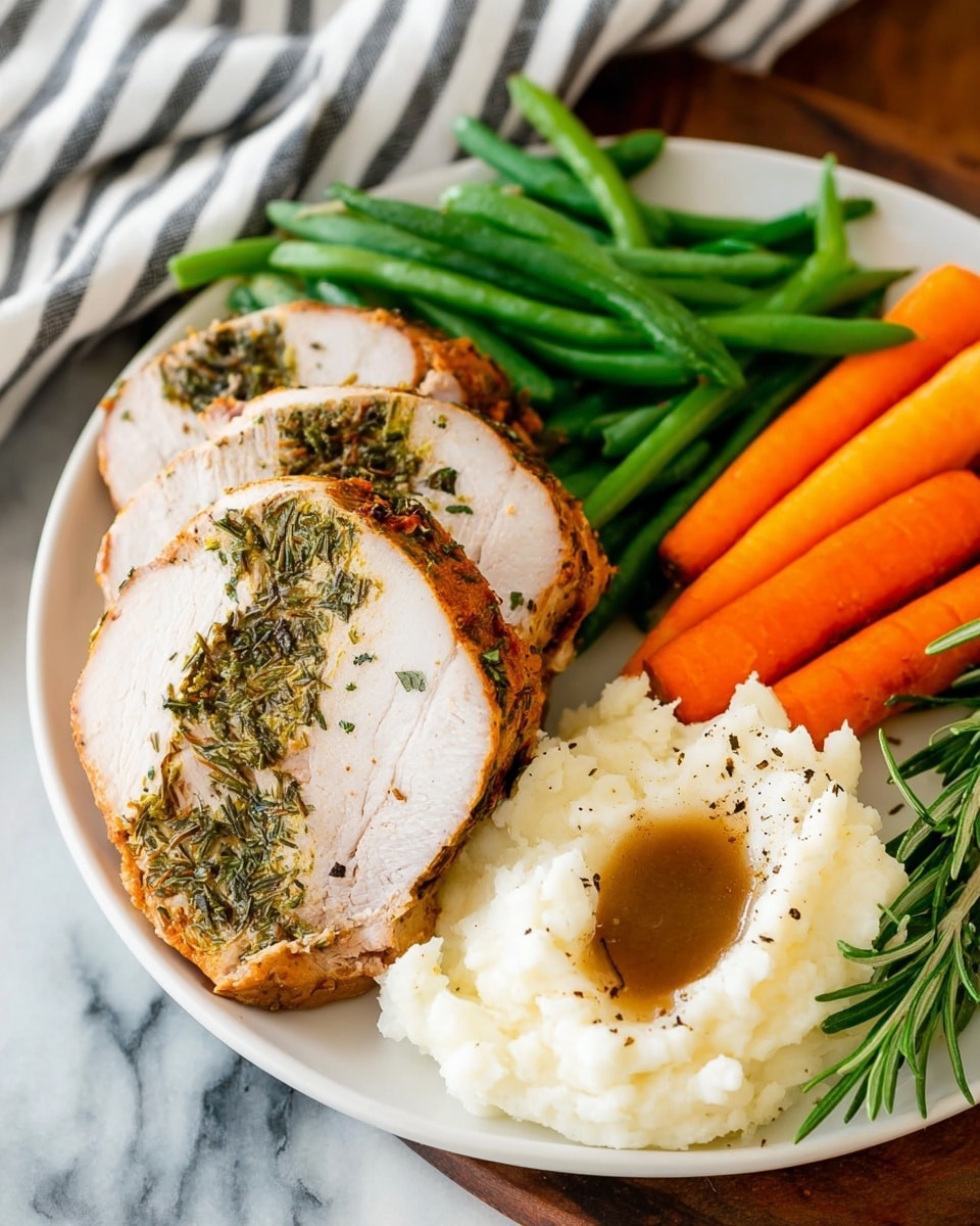 The image shows a white plate with three thick slices of roasted meat with golden-brown skin and herb seasoning on the top left side. Next to the meat, there are bright green whole beans in a bunch stretching across the back of the plate. Toward the right side, there are several bright orange carrot slices standing upright, and a sprig of fresh green rosemary leans against them. At the front right of the plate, there is a mound of creamy white mashed potatoes with a pool of brown gravy in the center, sprinkled with black pepper. The plate is on a white marbled surface, and part of a striped cloth is visible in the background. Photo taken with an iphone --ar 4:5 --v 7