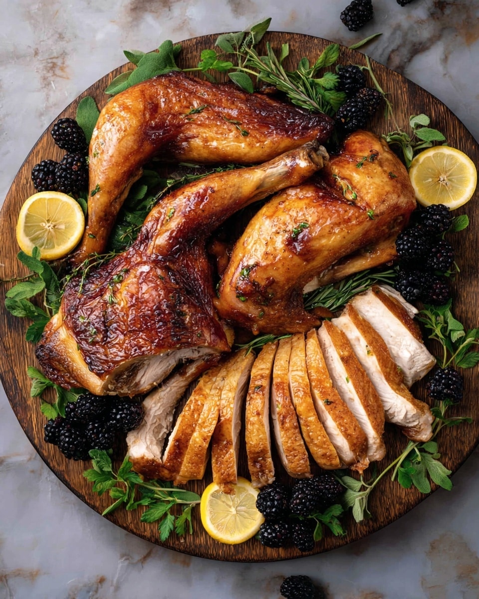 A round wooden board holds several pieces of roasted chicken arranged neatly, including two whole legs with golden brown skin, a wing, and a sliced breast with moist white meat showing inside. The board is decorated with fresh green herbs, blackberries scattered around, and lemon wedges placed on the sides. The background is a white marbled texture. photo taken with an iphone --ar 4:5 --v 7