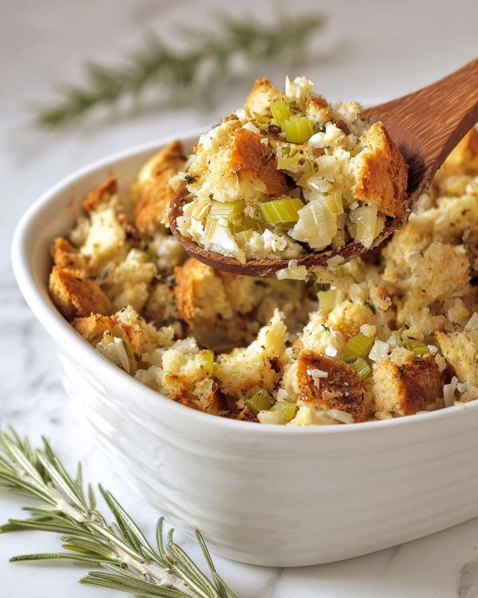 A white ceramic bowl filled with three layers of stuffing: the bottom layer has toasted bread pieces in light golden brown, the middle layer shows cooked celery chunks in light green, and the top layer is a mix of bread crumbs and soft diced onions in creamy white and light tan. The texture looks rough and crumbly with slight moisture. A wooden spoon lifts a scoop from the bowl, showing all layers mixed together. The background is a white marbled surface with green rosemary sprigs on the side. Photo taken with an iphone --ar 4:5 --v 7