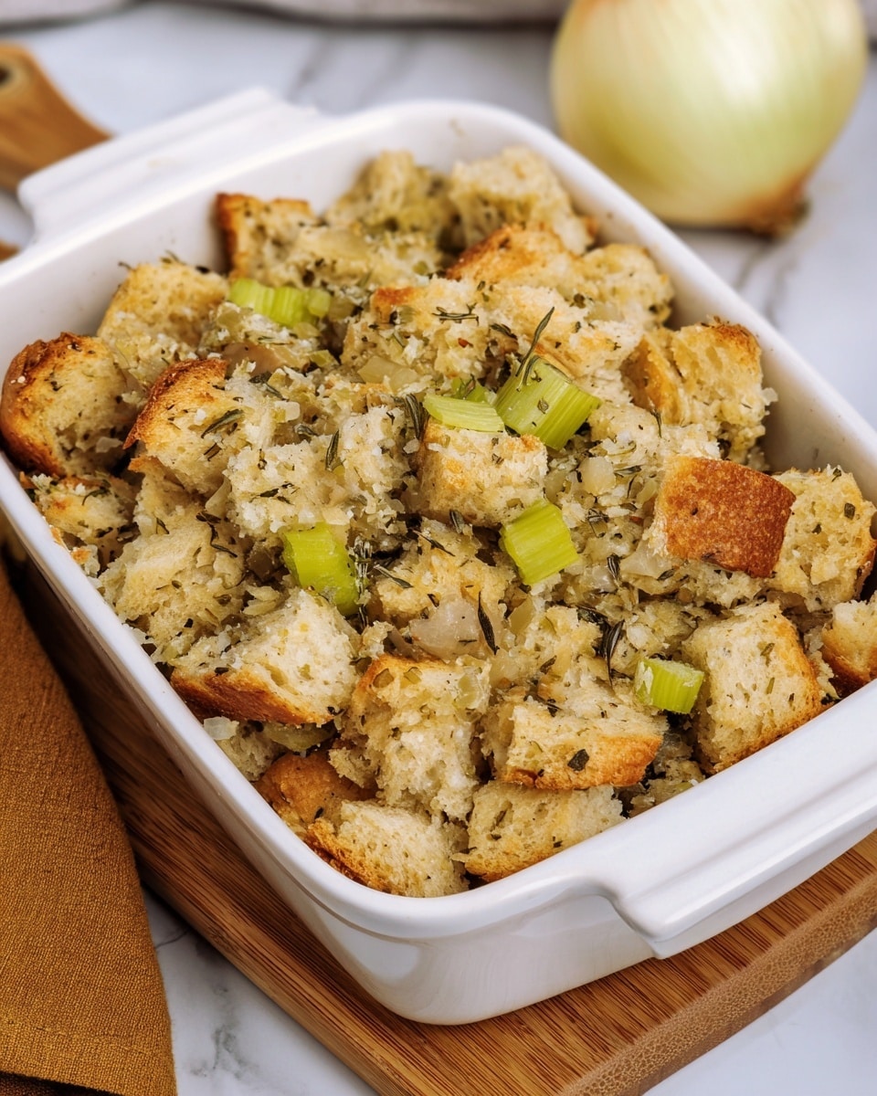 A white rectangular baking dish filled with chunky, golden-brown bread pieces that have a rough texture showing herbs mixed in. Scattered on top and among the bread chunks are small slices of celery, light green in color. The dish sits on a wooden board with a white marbled surface under it. In the background, there is a half onion with a pale yellow skin and white inside. The scene is softly lit, showing the contrast between the warm bread tones and the fresh green celery. photo taken with an iphone --ar 4:5 --v 7