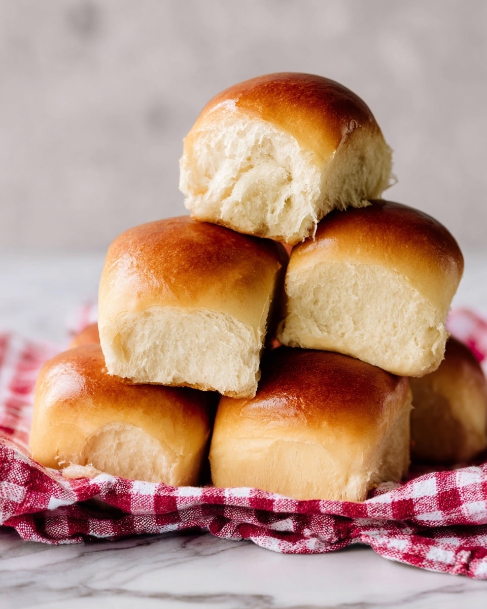 Five golden brown soft bread rolls are stacked in a pyramid shape on a red and white checkered cloth, with three rolls forming the base and two rolls on top. The rolls have a light, fluffy texture inside, visible where one on the left has a bite taken out. The background is a white marbled surface and a soft-focus neutral backdrop. photo taken with an iphone --ar 4:5 --v 7