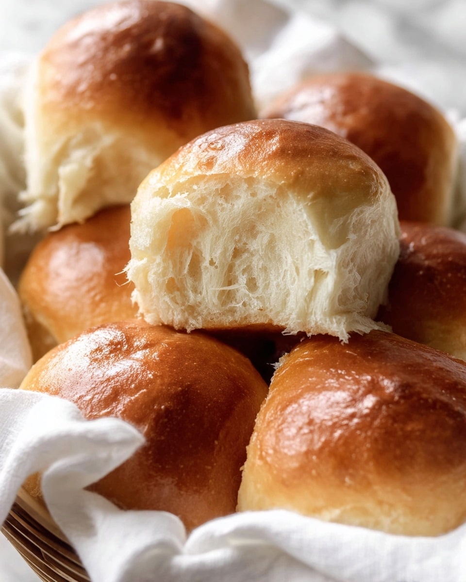 A group of soft, golden brown dinner rolls with a shiny crust are closely placed inside a basket lined with a white cloth, showing their fluffy, light texture inside where one roll is slightly pulled apart, revealing the soft, white crumb with delicate strands. The background is a white marbled texture. photo taken with an iphone --ar 4:5 --v 7