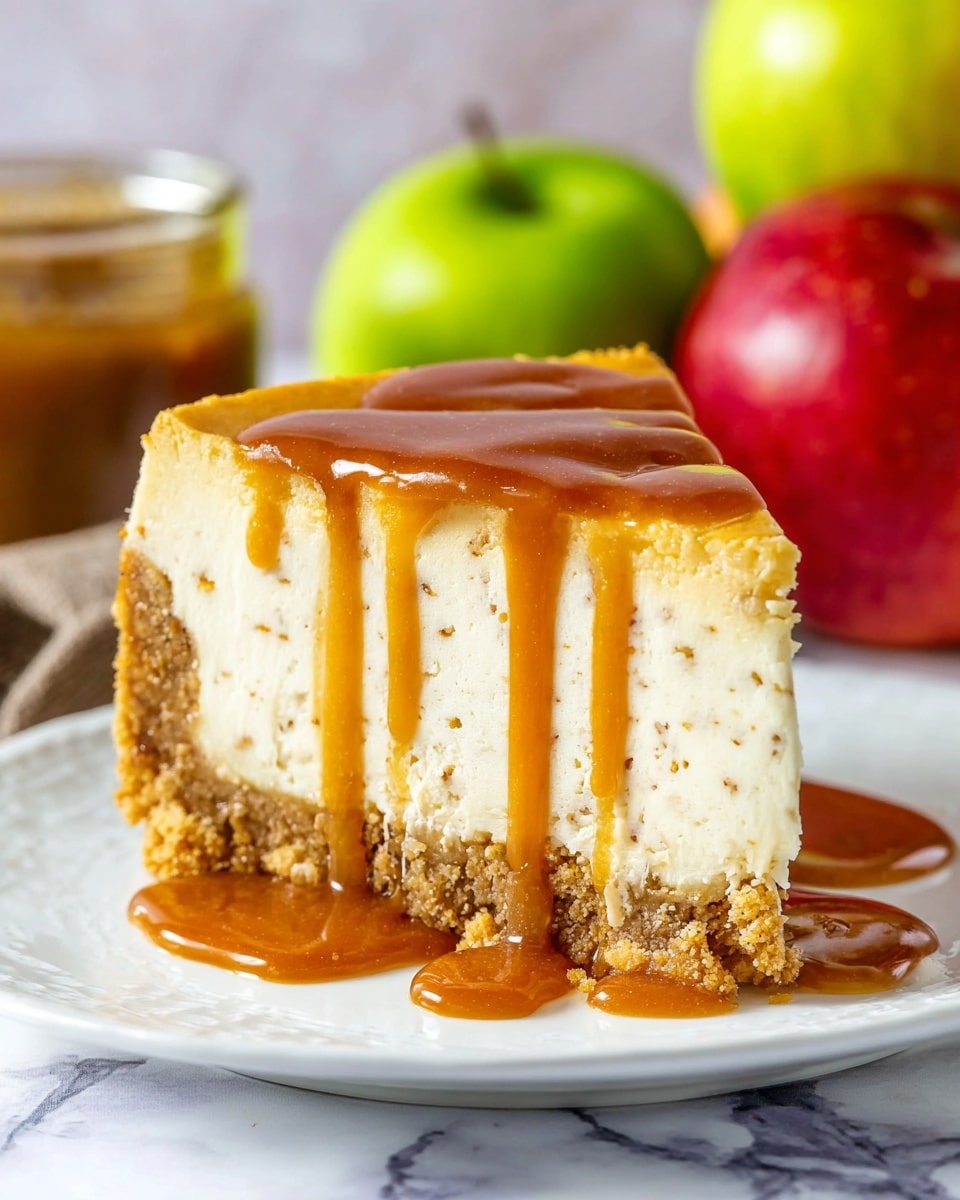 A slice of cheesecake on a white plate, showing three clear layers: a golden crumbly crust at the bottom, a thick creamy light beige middle layer with visible tiny specks, and a smooth caramel sauce drizzling down the top and sides in glossy, rich amber streams. The cheesecake slice sits on a white marbled surface with a green apple and a red apple blurred in the background, alongside a jar containing more caramel sauce. Photo taken with an iphone --ar 4:5 --v 7