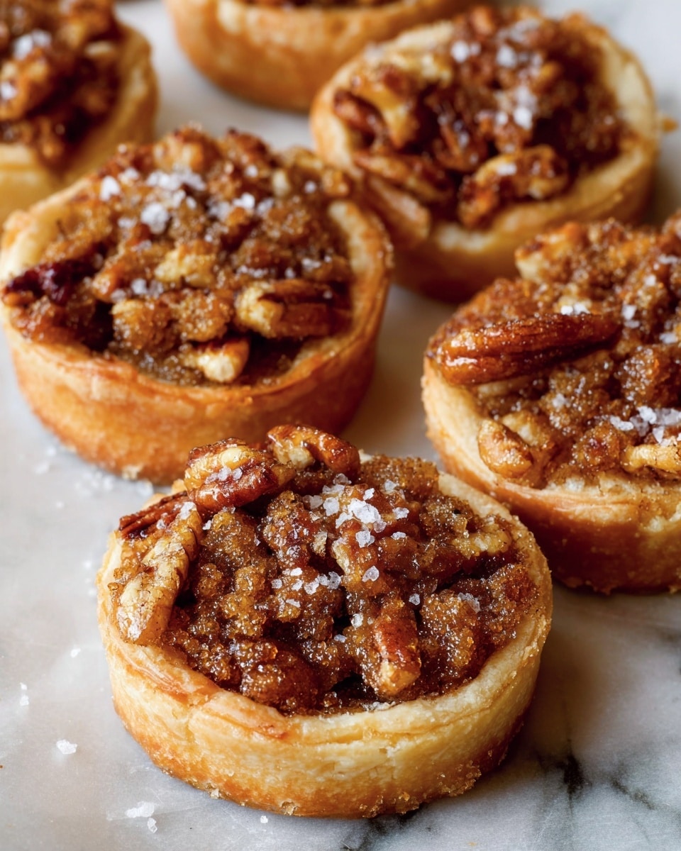 The image shows several small, round pastries with a light golden crust and a textured, darker brown topping that looks crunchy and slightly caramelized, resembling pecans or a spiced nut mix. Each pastry has one visible layer of thick crust forming the base and sides, with a generous amount of the nutty, crispy topping sitting evenly on top. Coarse salt flakes are scattered lightly over the topping, adding a touch of contrast. The pastries are placed on a sheet of parchment paper that lies on a white marbled surface, giving a natural and rustic feel to the scene. Photo taken with an iphone --ar 4:5 --v 7