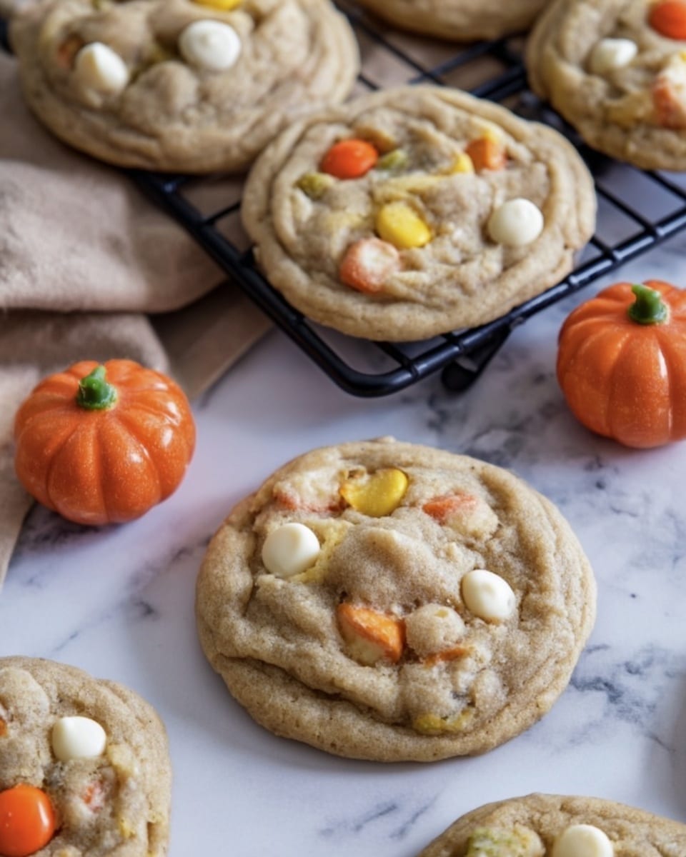 A woman's hand is holding a light brown cookie filled with white and orange candy pieces. The cookie has a soft and slightly bumpy texture with candy bits scattered across the top layer. Other similar cookies are shown on a black wire rack below, all on a white marbled surface. The cookies are round and thick, with visible candy pieces embedded in each one. Photo taken with an iphone --ar 4:5 --v 7