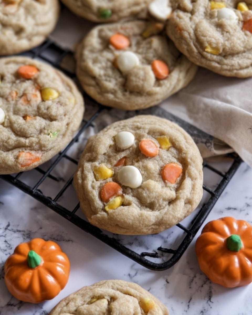 Several soft cookies are placed on a white marbled surface, with two of them resting on a black cooling rack in the foreground. The cookies are light brown in color with visible white chocolate chips and candy-coated chocolate pieces in orange and yellow on their surfaces. Next to the cookies, there are two small, round pumpkin-shaped treats which are bright orange with green stems, adding a festive touch. The overall scene has an autumnal feel, with the cookies looking freshly baked and slightly puffy. Photo taken with an iphone --ar 4:5 --v 7