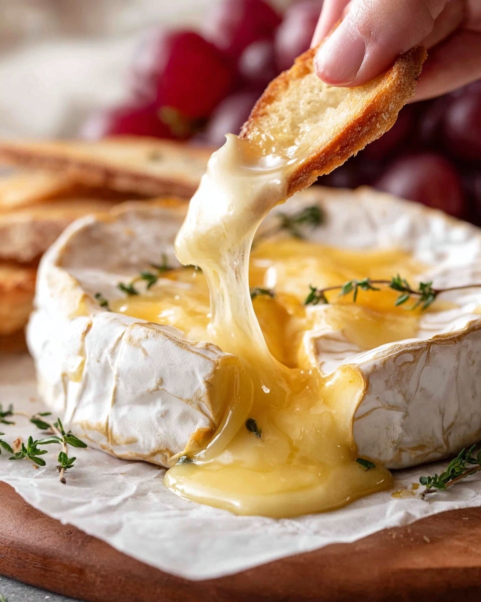A round wheel of baked Camembert cheese with a white rind cracked open on top, showing melted creamy yellow cheese oozing out and stretching as a woman's hand dips a toasted bread slice into it. The cheese sits on white parchment paper on a wooden board, garnished with a small sprig of green thyme, with blurred red grapes in the background on a white marbled surface. The texture of the cheese is smooth and glossy, with soft melting layers visible inside. Photo taken with an iphone --ar 4:5 --v 7