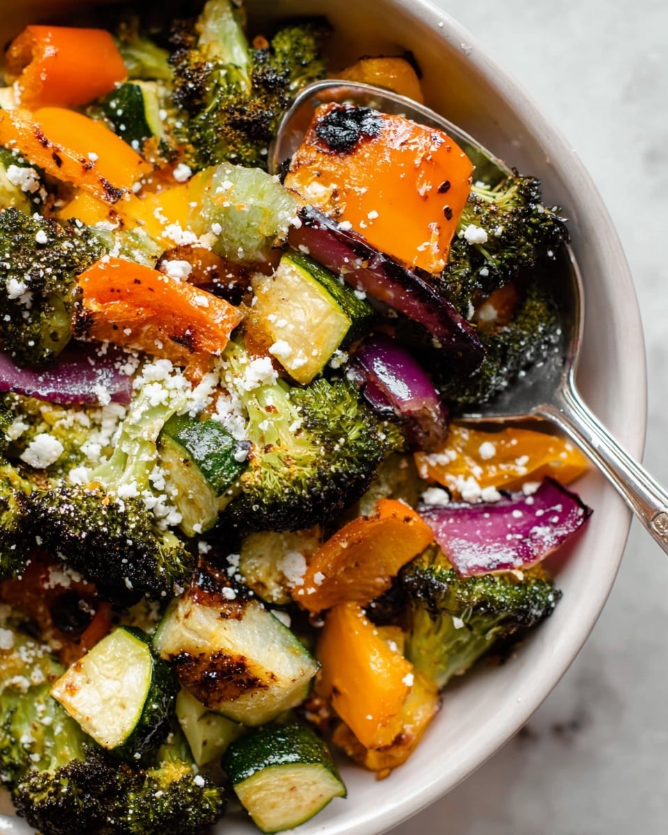 A close-up view of a white bowl filled with colorful roasted vegetables layered with broccoli florets that are dark green with charred black spots mostly on top, chopped orange bell peppers with bright orange shiny skins, green zucchini cubes with browned grilled marks on the sides, and small chunks of purple-red onions. The vegetables are sprinkled with white crumbled cheese that adds a light contrast. A silver spoon scoops some vegetables from the middle, showing a mix of all the colors and textures against a white marbled background. Photo taken with an iphone --ar 4:5 --v 7