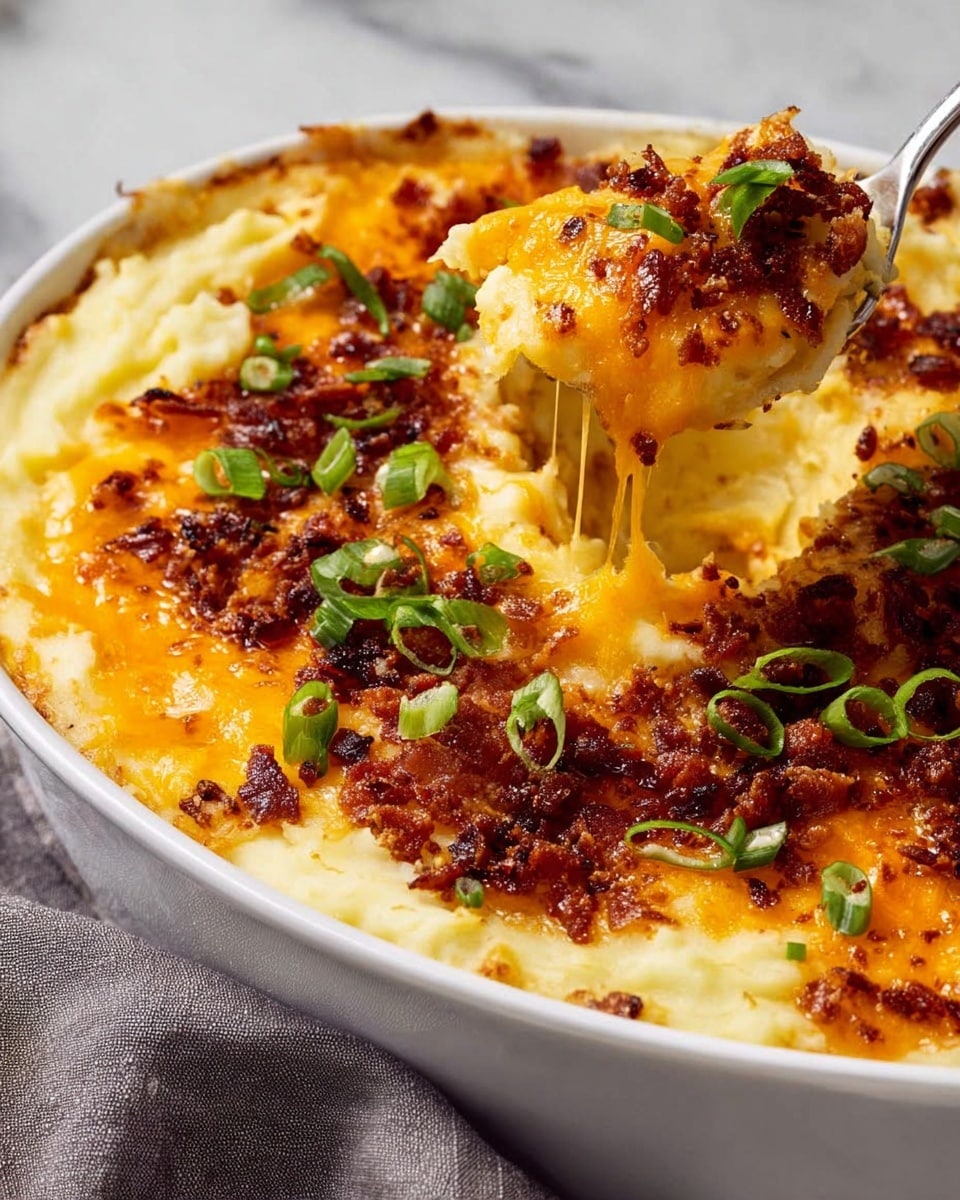 A white oval dish filled with mashed potatoes as the base layer, smooth and creamy with a pale yellow color. On top, a thick layer of melted bright orange cheese mixed with crisp, dark brown bits of bacon-like topping evenly spread. Scattered green onion rings add a fresh pop of green on the rich upper layer. A spoon is scooping into the dish, pulling up a string of melted cheese that stretches between the spoon and the remaining food. The dish rests on a white marbled surface, with a gray cloth nearby. Photo taken with an iphone --ar 4:5 --v 7