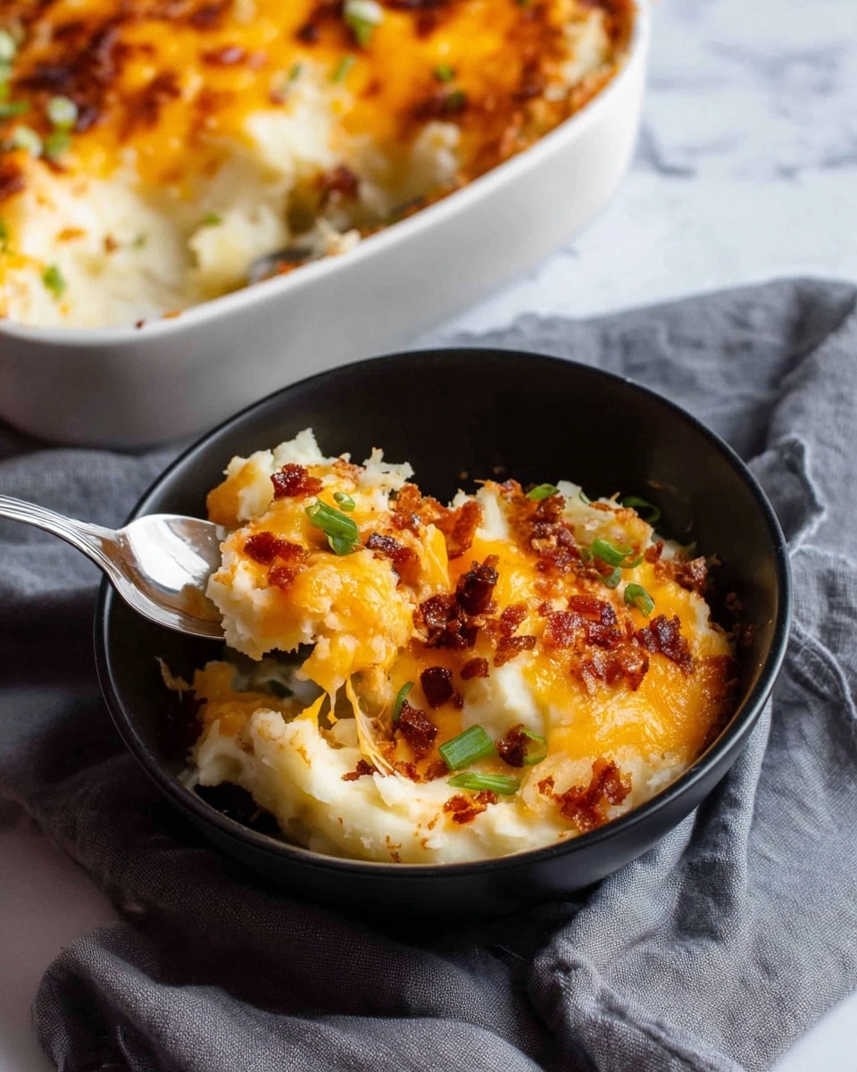 The image shows a black bowl with a layered dish inside. The bottom layer is creamy mashed potato in white color, topped with melted orange cheese that is slightly stretchy. On top of the cheese, there are small crispy brown bits, possibly bacon or crispy onions, and a few green onion slices scattered for color. A silver spoon is inside the bowl, with some of the cheesy mixture lifted. Behind the bowl is a white baking dish with more of the same dish, showing melted cheese and crispy topping. Both containers sit on a soft gray cloth on a white marbled surface. Photo taken with an iphone --ar 4:5 --v 7