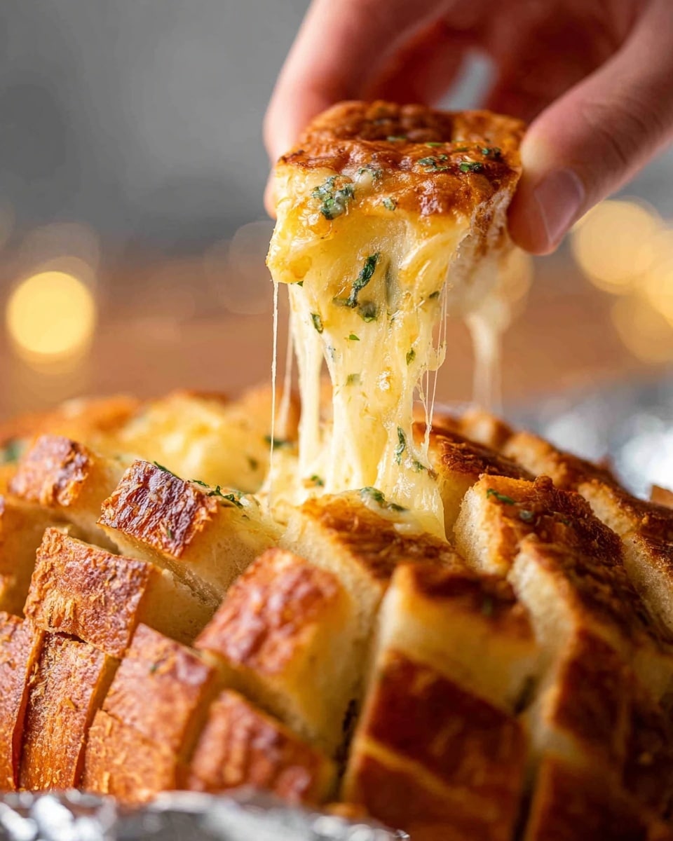 The image shows a round loaf of bread that is sliced deeply into many square sections, revealing soft, fluffy white bread inside with melted cheese stretched between the pieces. The bread crust is golden brown and slightly crispy, with specks of green herbs on the cheese inside. The loaf sits on crinkled silver foil, and parts of the bread are pulled apart, highlighting the cheesy texture. The background is a white marbled texture photo taken with an iphone --ar 4:5 --v 7
