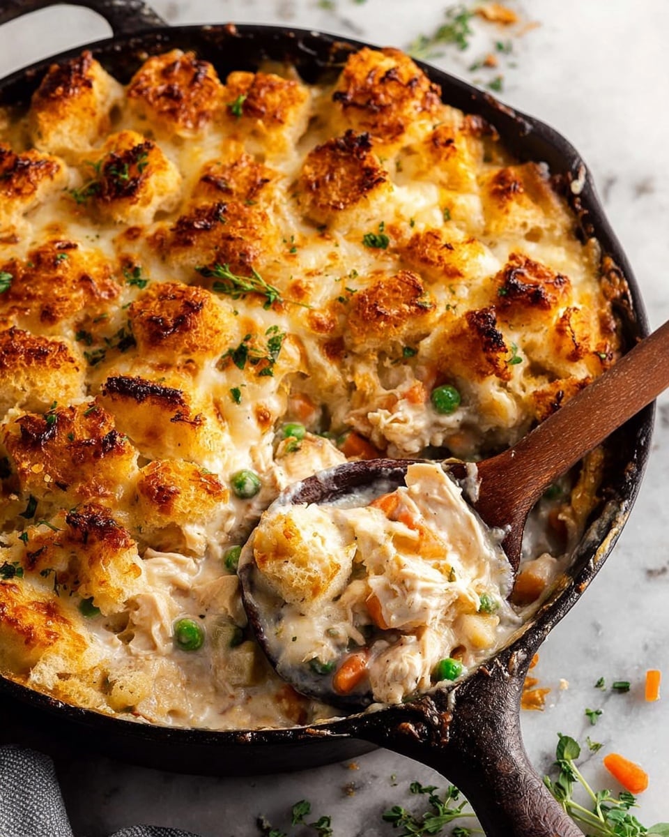 A brown bowl filled with creamy chicken and vegetable casserole. The base layer is a thick white sauce mixed with small green peas and orange carrot pieces along with light brown chicken pieces. On top, there are chunky golden brown biscuit pieces with a slightly shiny, crispy crust and soft inside. Small fresh green herb bits are sprinkled over the dish. A silver spoon is resting inside the bowl, partially covered by the food. The bowl is placed on a dark textured cloth over a white marbled surface. Photo taken with an iphone --ar 4:5 --v 7