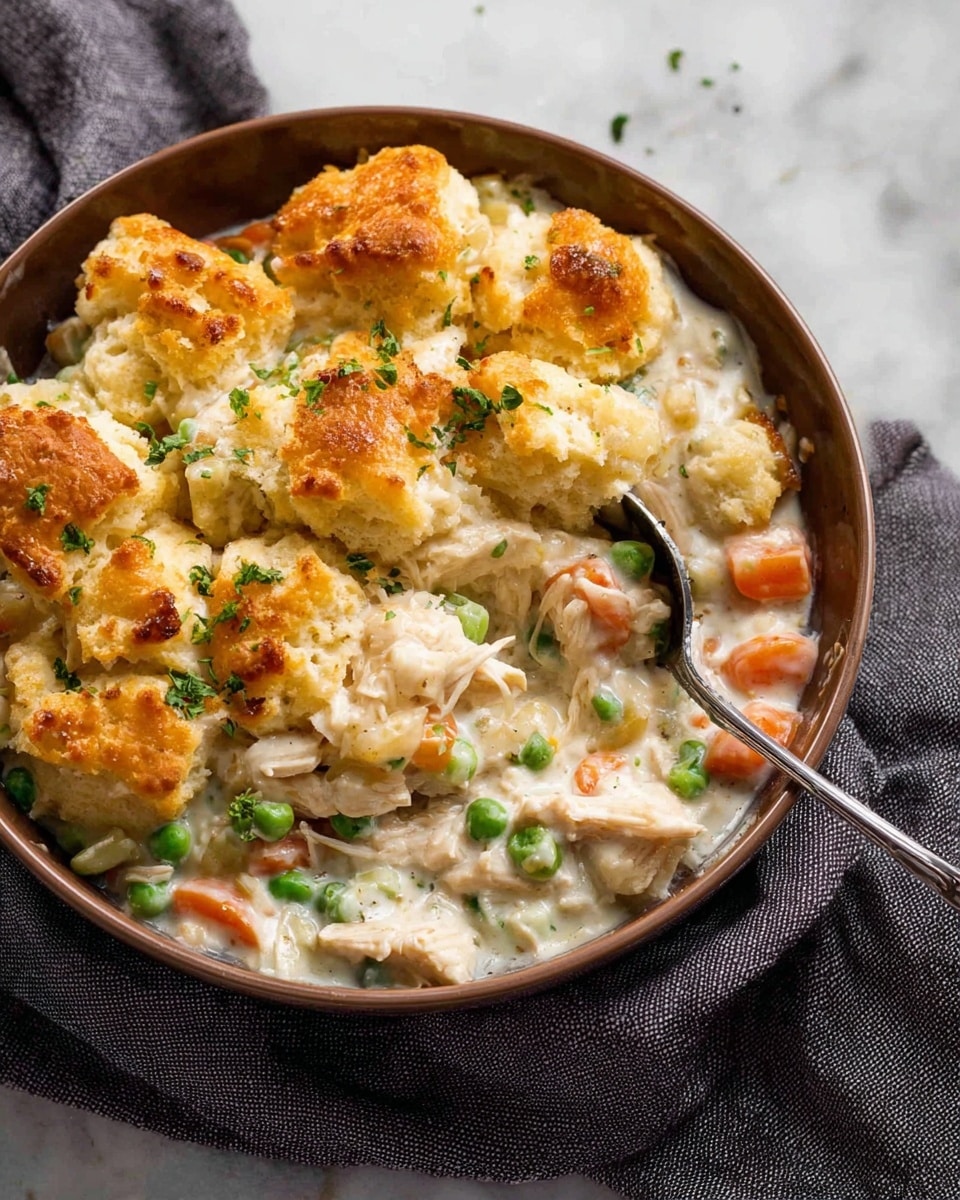 The dish is a creamy baked casserole in a black pan with a golden brown melted cheese top sprinkled with small green herbs. The top layer has bubbly, slightly browned cheese with a rough, uneven texture. Below, there is a creamy mixture with visible chunks of white chicken, orange carrot pieces, and green peas mixed in a light sauce. The casserole is thick and rich with layered textures, the top crispy and cheesy while the inside looks soft and creamy. A spoon is scooping some out at the front side of the pan. The scene is set against a white marbled textured surface. photo taken with an iphone --ar 4:5 --v 7
