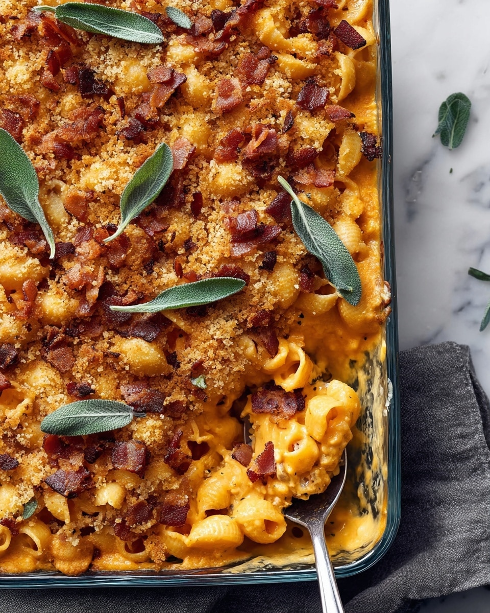 A close-up view of a baked pasta dish in a clear glass baking dish. The bottom layer is creamy orange cheese sauce mixed with small shell pasta. On top of this is a crunchy golden breadcrumb layer scattered unevenly. Over the breadcrumbs, there are small crispy brown bacon pieces evenly spread. Fresh green sage leaves are placed on the surface, adding color contrast. The baking dish sits on a white marbled surface with a gray cloth next to it, and a silver spoon is scooping out some pasta from the corner. Photo taken with an iphone --ar 4:5 --v 7