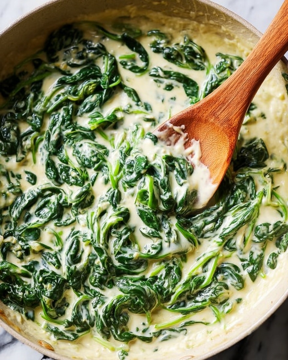 The image shows a close-up of a pan filled with creamy spinach. The dish has two main layers: one is the bright green spinach leaves with a slightly wilted texture, and the other is the light beige creamy sauce that covers the spinach and pools around it. A wooden spoon with some sauce and spinach on it is placed on the right side, partially submerged in the mixture. The pan sits on a white marbled surface, giving a clean and fresh background. photo taken with an iphone --ar 4:5 --v 7