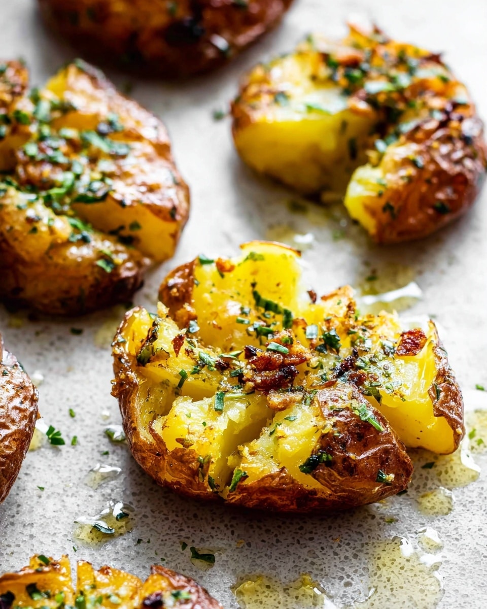 The image shows crispy smashed potatoes on a white marbled textured grill pan. Each potato is golden brown with cracked, crunchy skin and soft, fluffy yellow insides that are smashed flat unevenly. The potatoes are sprinkled with finely chopped green herbs and small bits of browned garlic and seasoning. There are droplets of oil or water on the grill surface, adding to the fresh look. The texture shows a mix of crunchy crispiness and soft interior on the potatoes. photo taken with an iphone --ar 4:5 --v 7