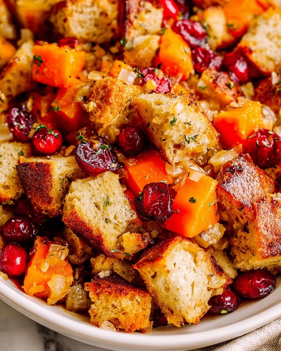 The image shows a close-up of a mixed dish in a white bowl on a white marbled surface. The dish has three main layers: at the base, there are large, soft cubes of bread toasted to golden brown with a crunchy texture. Mixed in with the bread cubes are bright orange chunks of cooked butternut squash with a smooth surface, and scattered bright red whole cranberries add spots of color throughout. Small bits of translucent cooked onion are spread evenly within the mix, and the entire dish is sprinkled with tiny green herbs, adding contrast and freshness. The overall look is warm, hearty, and very textured. Photo taken with an iphone --ar 4:5 --v 7