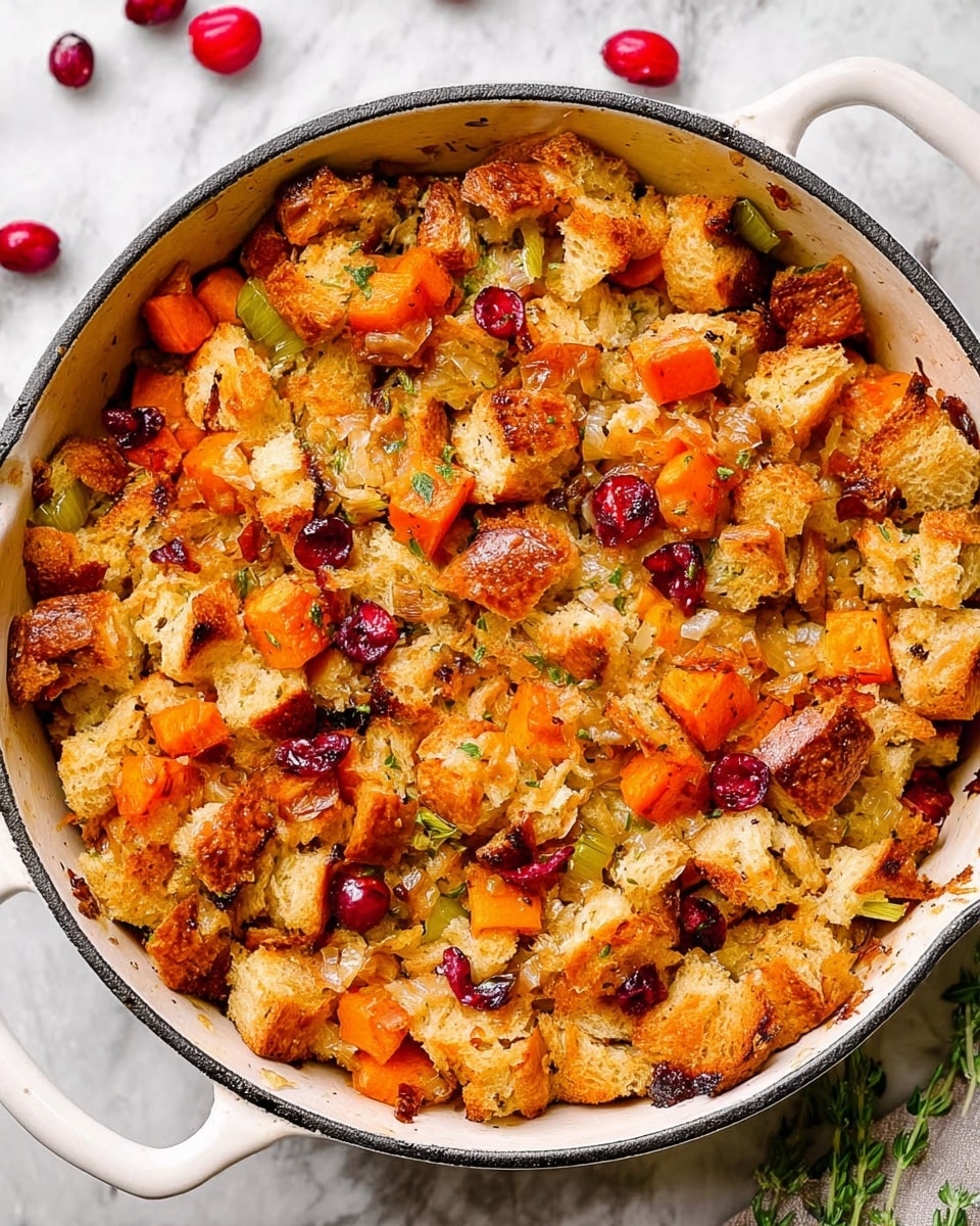 The image shows a white cast iron pan filled with a cooked stuffing mixture. The dish has multiple layers of golden-brown bread cubes with a crispy texture as the main layer, mixed with bright orange chunks of cooked pumpkin or carrot scattered evenly. There are also small red cranberries spread throughout, adding pops of color. The ingredients are mixed with small bits of caramelized onions and herbs, giving a textured and slightly glossy appearance. The dish sits on a white marbled surface with a few loose cranberries and green herb pieces around the pan. photo taken with an iphone --ar 4:5 --v 7
