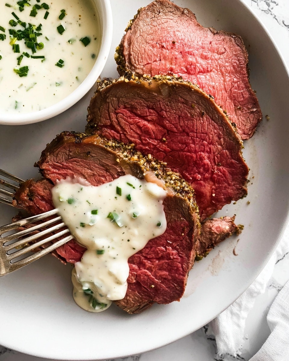 A white plate holds three thick slices of medium-rare roast beef with a deep pink center and browned, textured edges with seasoning. Creamy white sauce with small green herb bits is generously poured over two slices. A fork with a piece of roast beef covered in the sauce is placed on the bottom left of the plate. In the top left corner, a white bowl filled with the same sauce is partly visible, garnished with chopped green herbs. The background is a white marbled surface. Photo taken with an iphone --ar 4:5 --v 7