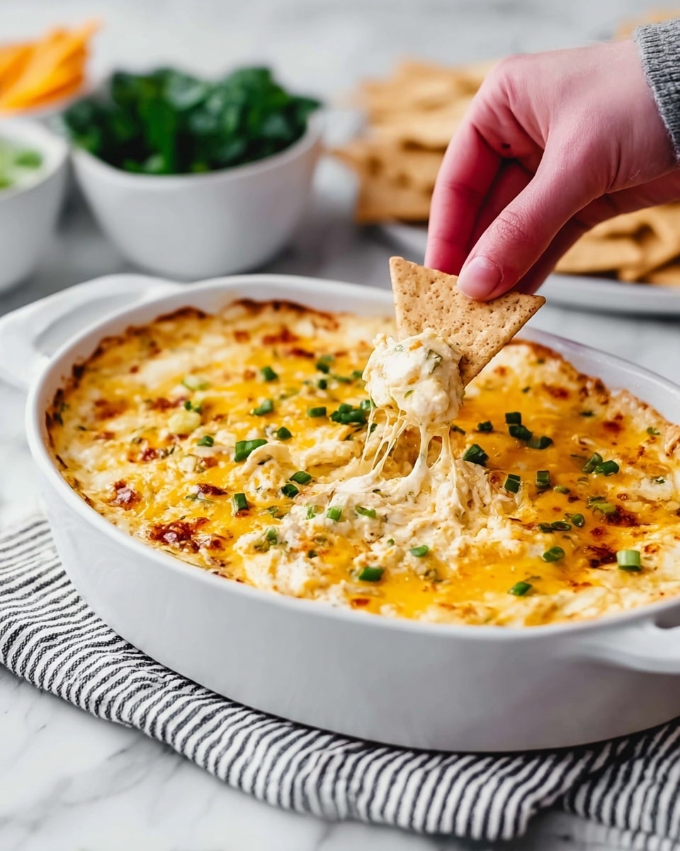 A white oval dish filled with a creamy dip topped with melted golden-yellow cheese scattered with small green chive pieces. The dip has a slightly textured surface with light brown spots showing through the cheese. A woman's hand is holding a triangular beige cracker dipped into the cheesy layer, showing stretchy melted cheese pulling back from the dish. The dish is placed on a white and black striped cloth, set on a white marbled surface. In the background, there are two white bowls with green leafy and vegetable contents blurred out. photo taken with an iphone --ar 4:5 --v 7