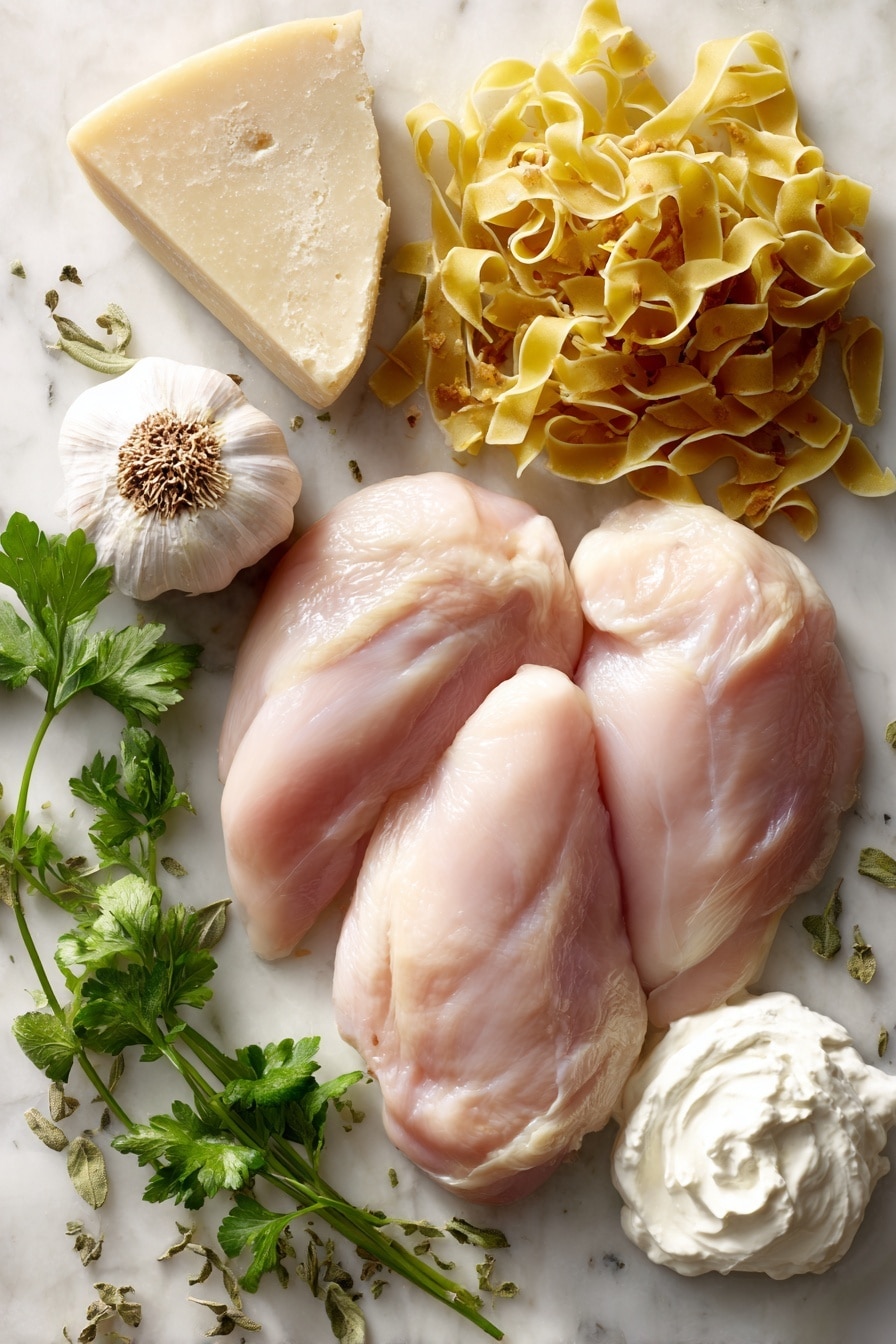 Flat lay of fresh raw chicken breasts with smooth pale pink skin, whole garlic cloves with papery white skins and smooth cloves peeking out, a wedge of creamy pale yellow Parmesan cheese with a textured rind, a small bunch of bright green fresh parsley leaves, a heap of golden uncooked pasta strands, and a small mound of white Greek yogurt with a thick creamy texture, all beautifully arranged with some scattered dried oregano leaves showing earthy green hues, placed on white marbled surface, photo taken with an iphone --ar 2:3 --v 7 - Healthy Chicken Alfredo with Greek Yogurt, healthy chicken Alfredo, quick healthy pasta, Greek yogurt Alfredo, easy healthy chicken dinner