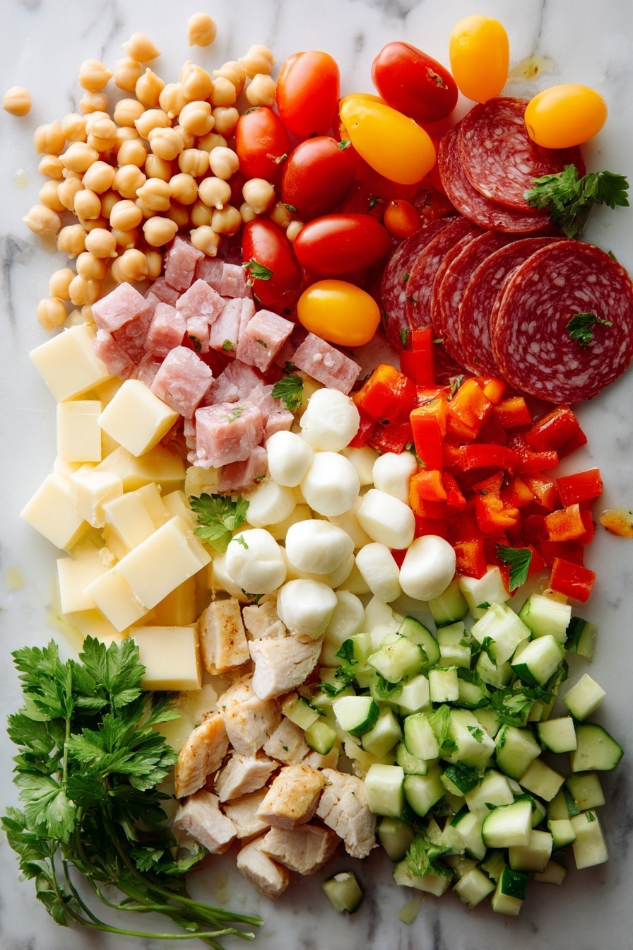 Flat lay of plump beige chickpeas and creamy white cannellini beans, vibrant quartered red and yellow grape tomatoes glistening with freshness, bright orange and red chopped sweet bell peppers showing their crisp texture, cool pale green cucumber cubes with seeds gently scooped out, thin slices of deep reddish-brown salami contrasting with cubes of creamy white mozzarella pearls and sharp pale yellow cheddar cheese, small sprigs of fresh green parsley adding a touch of brightness, and chunks of tender light golden cooked chicken, all arranged naturally with some scattered parsley leaves and a small pool of glossy deep red sun-dried tomato vinaigrette pooling slightly nearby, placed on white marbled surface, photo taken with an iphone --ar 2:3 --v 7 - Dense Bean Salad with Sun-Dried Tomato Vinaigrette, hearty bean salad recipe, sun-dried tomato vinaigrette salad, healthy bean salad ideas, protein-packed vegetarian salads