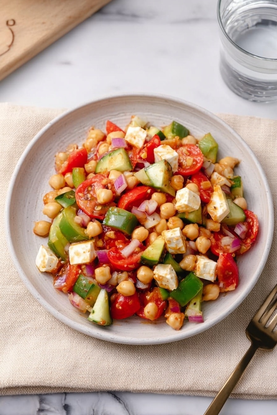 A white round plate filled with a colorful salad made of three main layers: the base layer is small white beans and chickpeas, scattered throughout; mixed in the middle layer are chunky pieces of fresh green bell pepper, sliced cucumbers, and juicy red cherry tomatoes cut in halves and quarters; the top layer contains soft cream-colored cheese cubes and small chopped pieces of red onion, all tossed lightly in a glossy orange-colored dressing. The plate sits on a pale beige cloth on a white marbled surface with a clear glass of water and a fork on the right side. photo taken with an iphone --ar 2:3 --v 7 - Dense Bean Salad with Sun-Dried Tomato Vinaigrette, hearty bean salad recipe, sun-dried tomato vinaigrette salad, healthy bean salad ideas, protein-packed vegetarian salads