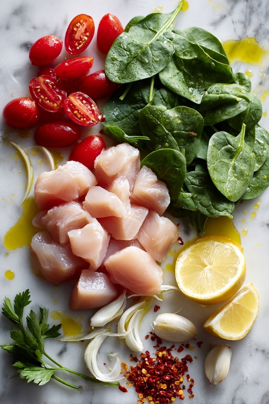 Flat lay of fresh boneless skinless chicken breasts sliced into cubes with smooth pale pink flesh, vibrant red cherry tomatoes halved to reveal juicy interiors, bright green baby spinach leaves with crisp texture, thinly sliced garlic cloves showing creamy white layers, fresh parsley sprigs with deep green delicate leaves, a halved bright yellow lemon with shiny peel and juicy pulp, and small piles of crushed red pepper flakes with vivid red and orange tones, all arranged naturally with a splash of golden olive oil droplets glistening subtly, placed on white marbled surface, photo taken with an iphone --ar 2:3 --v 7 - Easy Chicken Scampi with Cherry Tomatoes and Spinach, chicken scampi recipe, quick chicken dinner, healthy chicken pasta, lemon garlic chicken