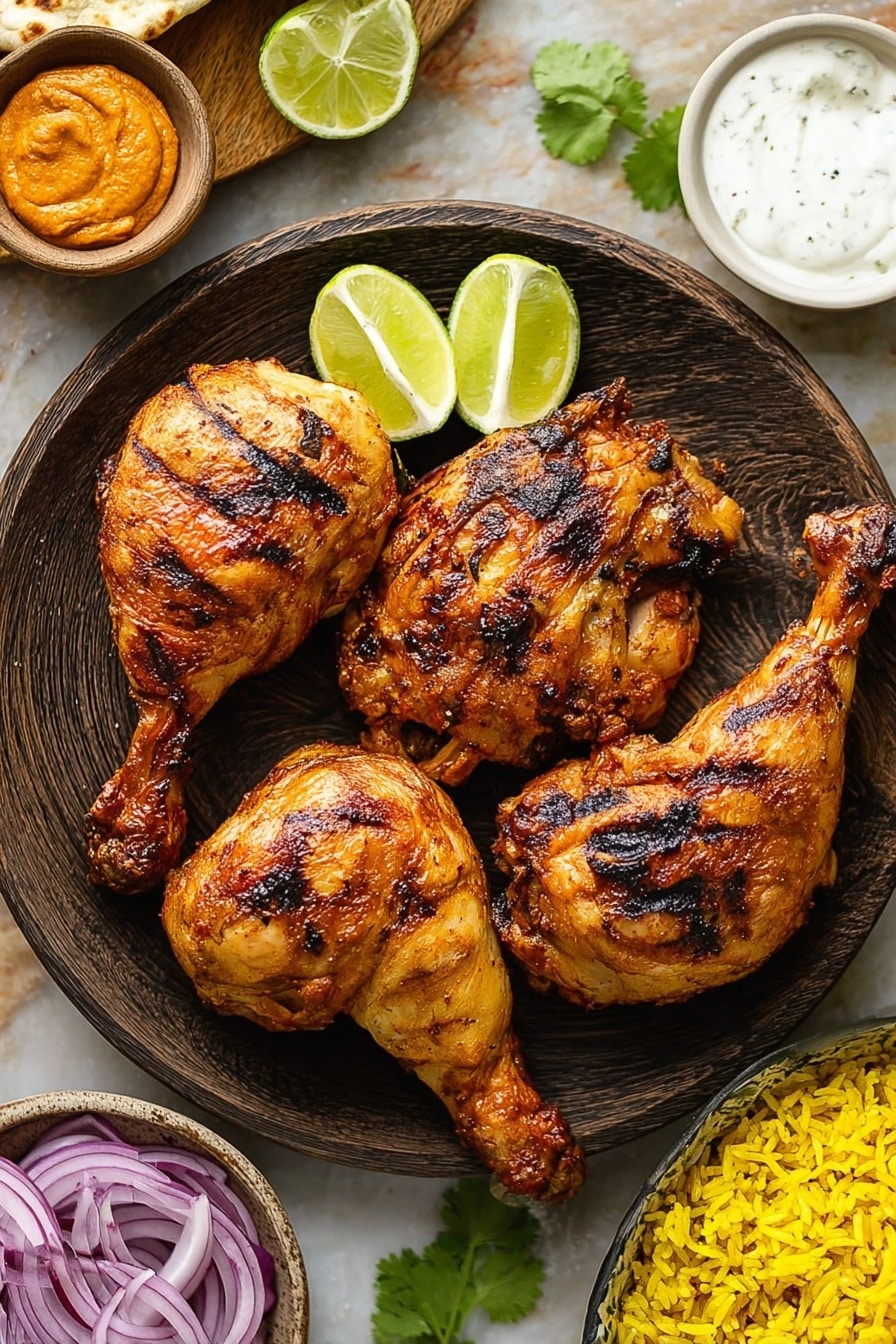 There is a round black plate with four grilled chicken leg quarters on it. The chicken pieces are golden brown with some dark grill marks and a slightly shiny texture, showing they are cooked well. On the plate, next to the chicken, are three lime wedges, light green with juicy white edges. Around the plate, on the white marbled surface, are thin purple onion rings, some green cilantro leaves, half a lime, and two small white bowls—one with orange-colored chutney and the other with white sauce. In the bottom right corner, part of a white bowl filled with bright yellow rice with black mustard seeds is visible. Photo taken with an iphone --ar 2:3 --v 7 - Authentic Tandoori Chicken, Indian Tandoori Chicken, Spiced Tandoori Chicken Oven, Easy Tandoori Chicken, Homemade Tandoori Chicken