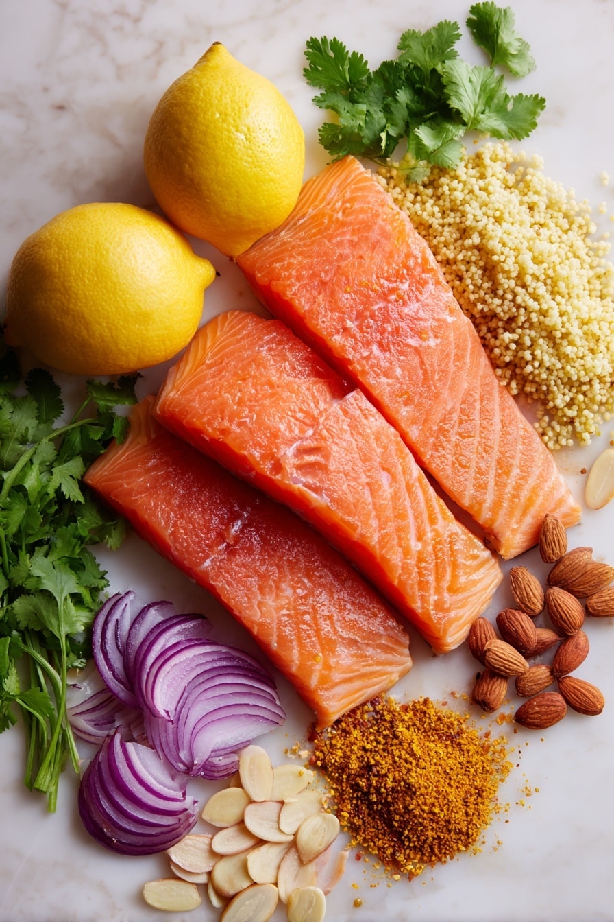 Flat lay of fresh pink salmon fillets with smooth skin, bright yellow lemons whole and halved showing juicy flesh, thinly sliced purple shallots arranged in half moons, vibrant green cilantro leaves roughly chopped, glossy golden raisins scattered around, pale beige sliced almonds with a smooth texture, and a small pile of warm brown ras el hanout spice powder with a fine texture, placed on white marbled surface, photo taken with an iphone --ar 2:3 --v 7 - Moroccan-Spiced Salmon and Couscous, Moroccan-Spiced Salmon, Couscous Recipes, Quick Fish Dinner, Easy Weeknight Dinner