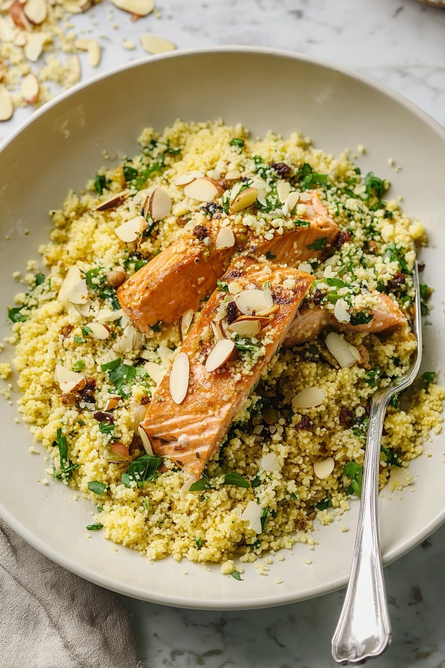 A white plate holds a bed of light yellow couscous mixed with small green herb pieces, dark raisins, and thin white almond slices scattered on top. On the couscous lies a thick, golden-brown cooked salmon piece with a slightly flaky texture, partly broken to show its soft, pink inside. A silver fork is partially visible on the right side of the plate. The plate is placed on a white marbled surface with some couscous and almonds scattered around. Photo taken with an iphone --ar 2:3 --v 7 - Moroccan-Spiced Salmon and Couscous, Moroccan-Spiced Salmon, Couscous Recipes, Quick Fish Dinner, Easy Weeknight Dinner
