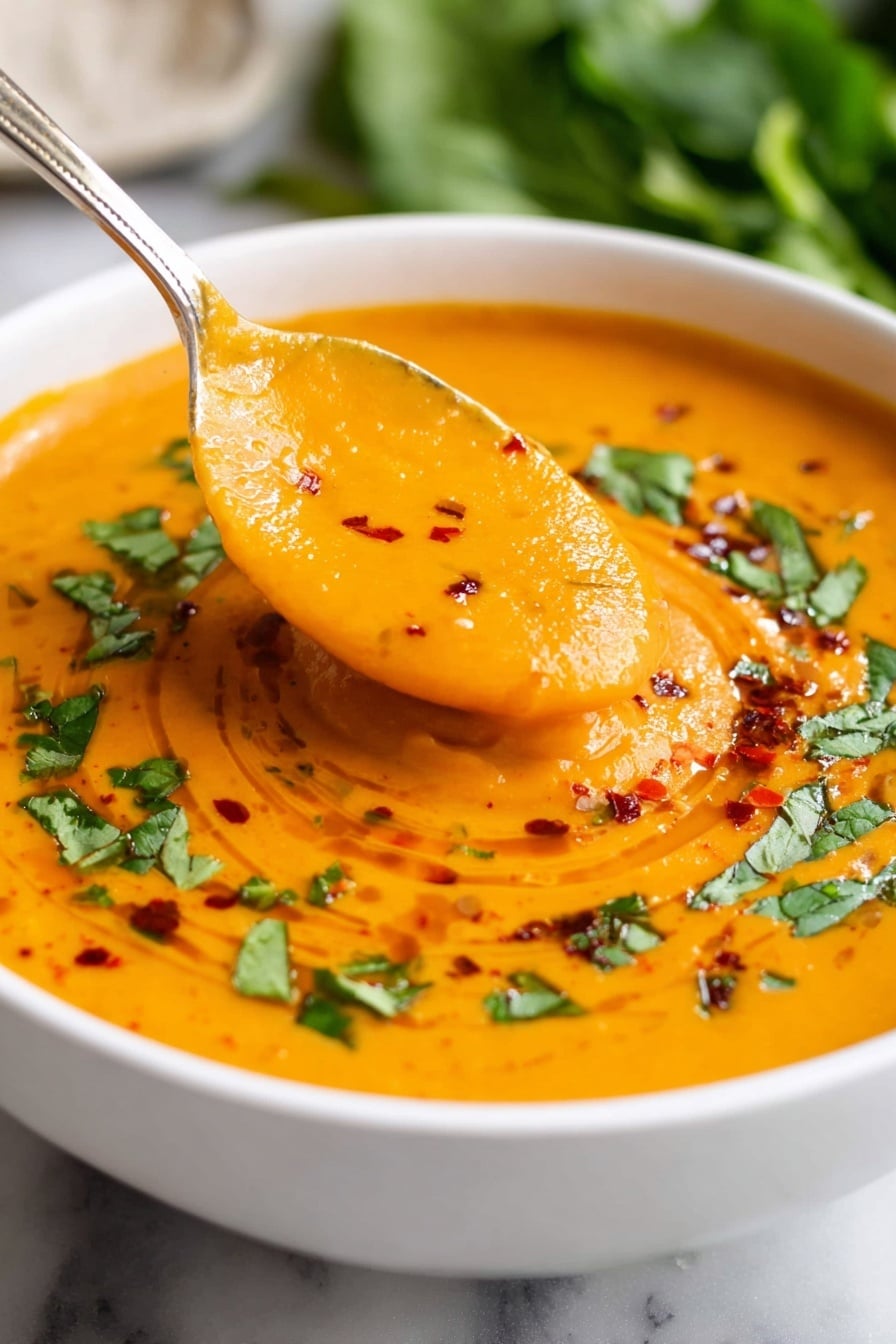 A white bowl filled with smooth orange soup, swirled gently to show a creamy texture, topped with a sprinkle of chopped green cilantro and red chili flakes that add contrast on the surface. A woman's hand is holding a spoon lifting a scoop of the soup from the middle, showing its thickness. Around the bowl, there are pieces of light brown bread, a whole yellow lemon, fresh coriander leaves, garlic cloves, and a small glass bowl with orange lentils, all set on a white marbled surface. Photo taken with an iphone --ar 2:3 --v 7 - Creamy Red Lentil Soup, easy one-pot soup, high-protein vegetarian soup, nourishing red lentil recipe, quick healthy lentil soup